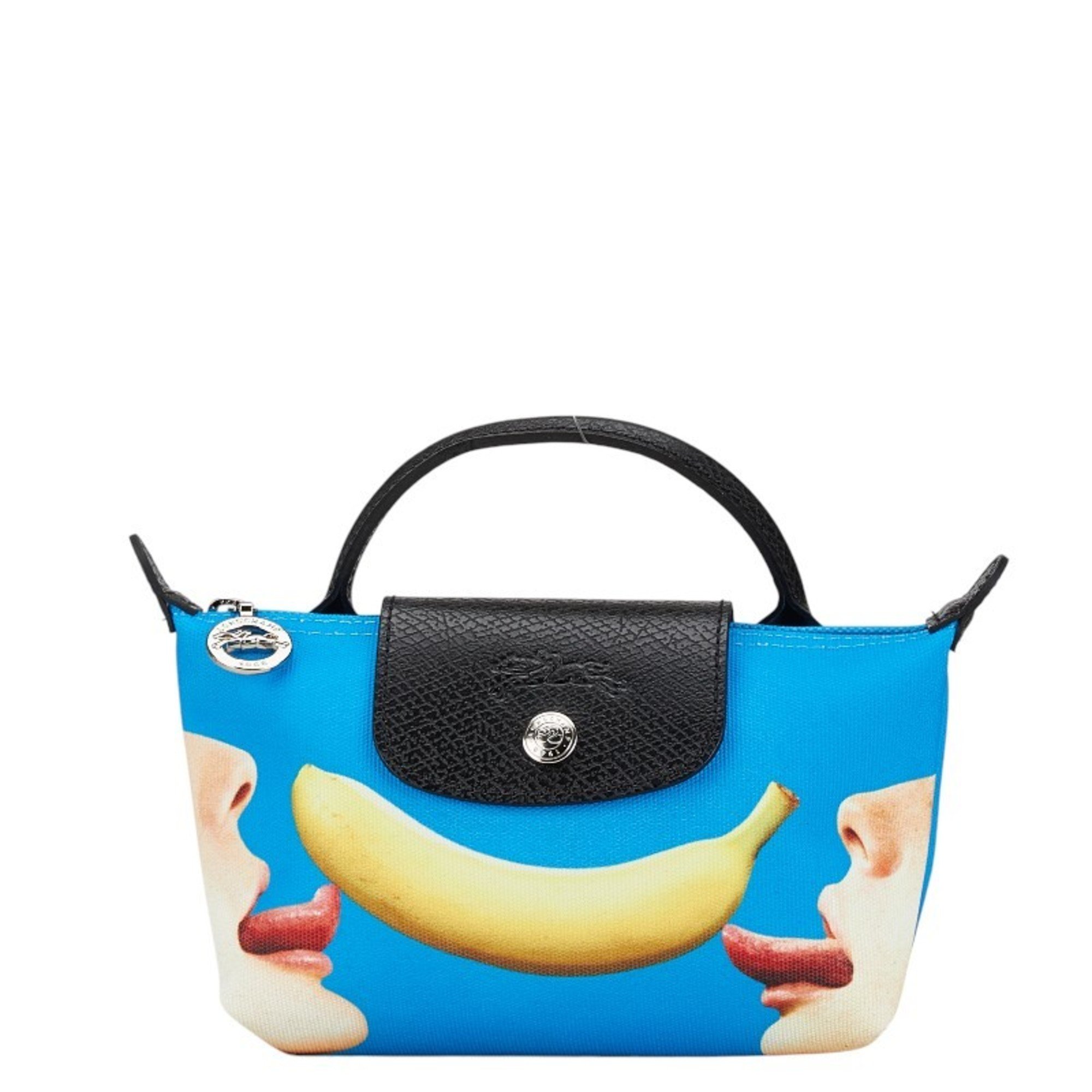 Longchamp TOILET PAPER collaboration Le Pliage Banana handbag blue black canvas leather ladies