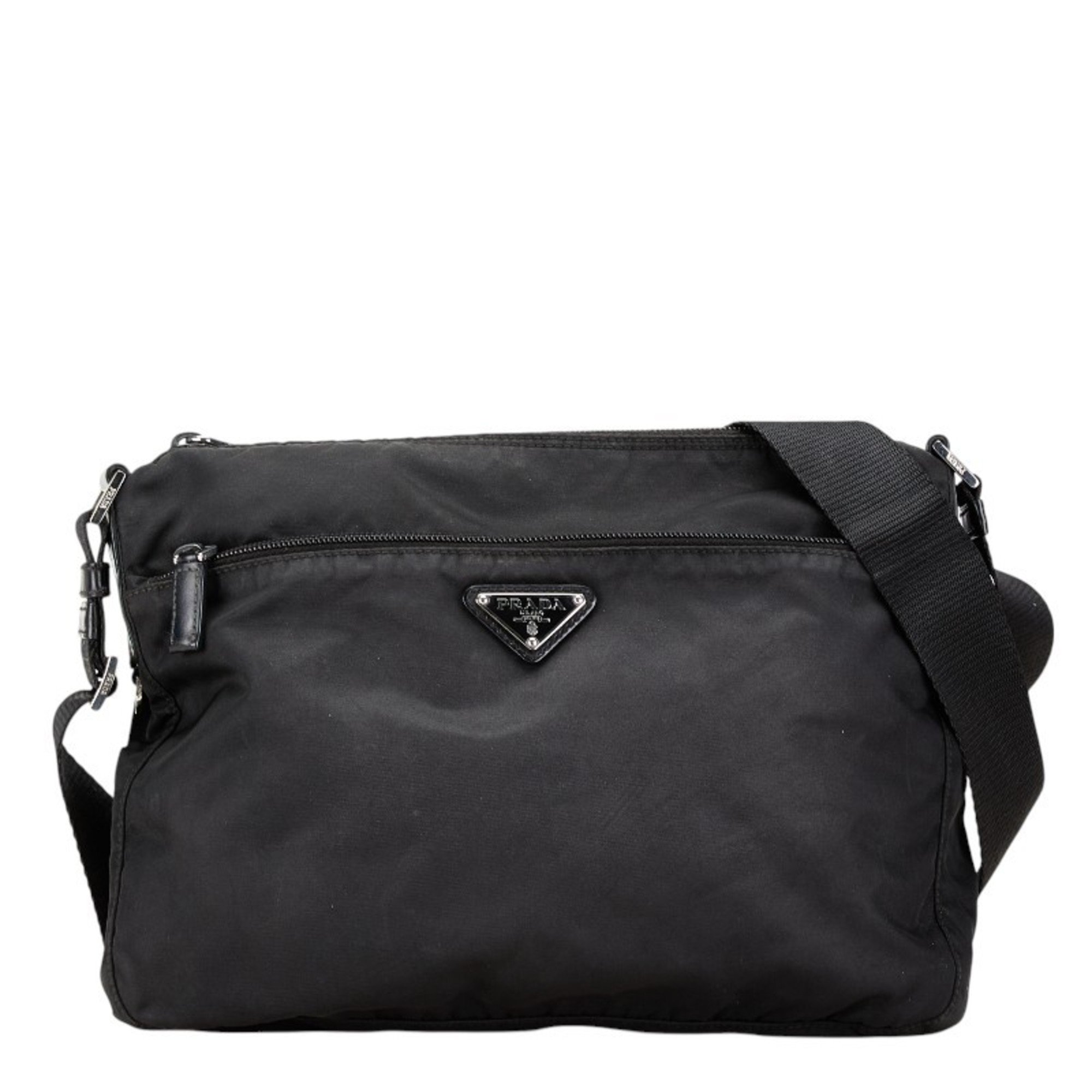 Prada Triangle Plate Shoulder Bag Black Nylon Leather Women's PRADA