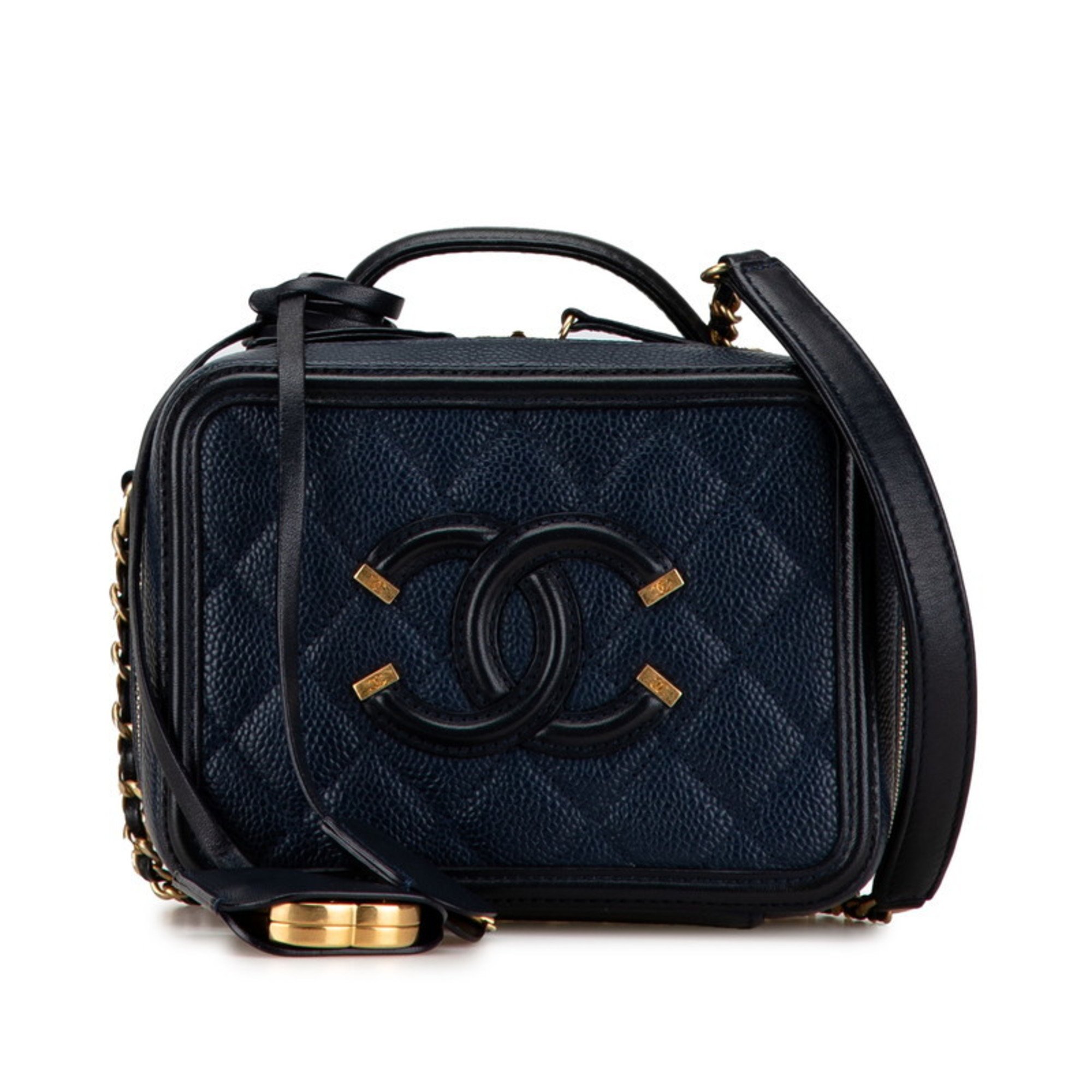 Chanel Matelasse CC Filigree Handbag Chain Shoulder Bag A93342 Navy Black Caviar Skin Women's CHANEL