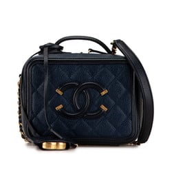 Chanel Matelasse CC Filigree Handbag Chain Shoulder Bag A93342 Navy Black Caviar Skin Women's CHANEL