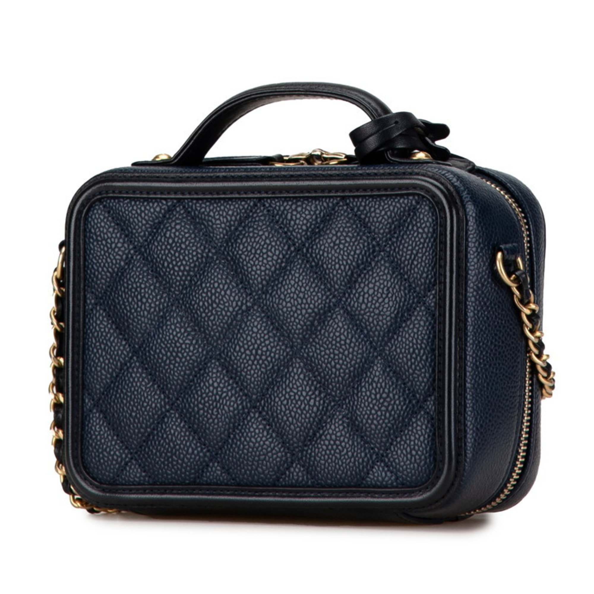 Chanel Matelasse CC Filigree Handbag Chain Shoulder Bag A93342 Navy Black Caviar Skin Women's CHANEL