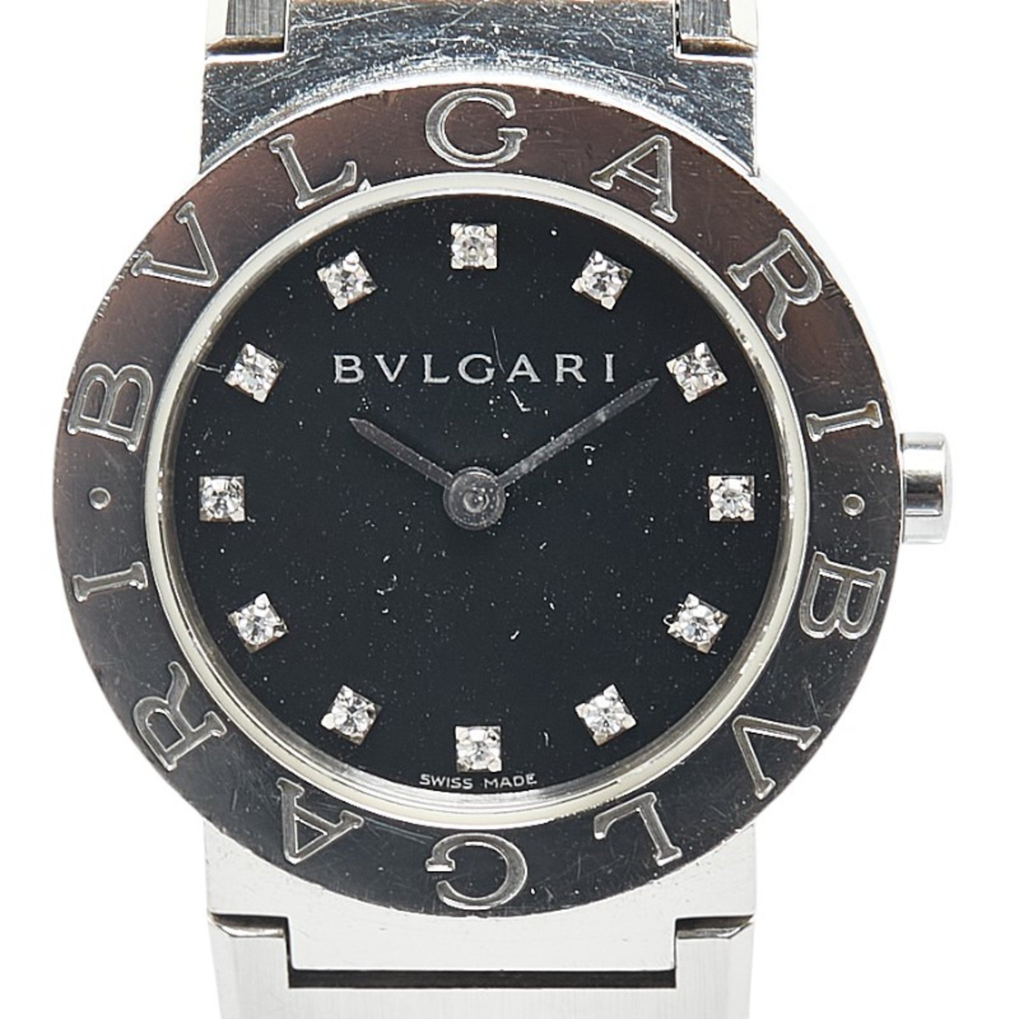 BVLGARI 12P Diamond Watch BB26SS Quartz Black Dial Stainless Steel Women's