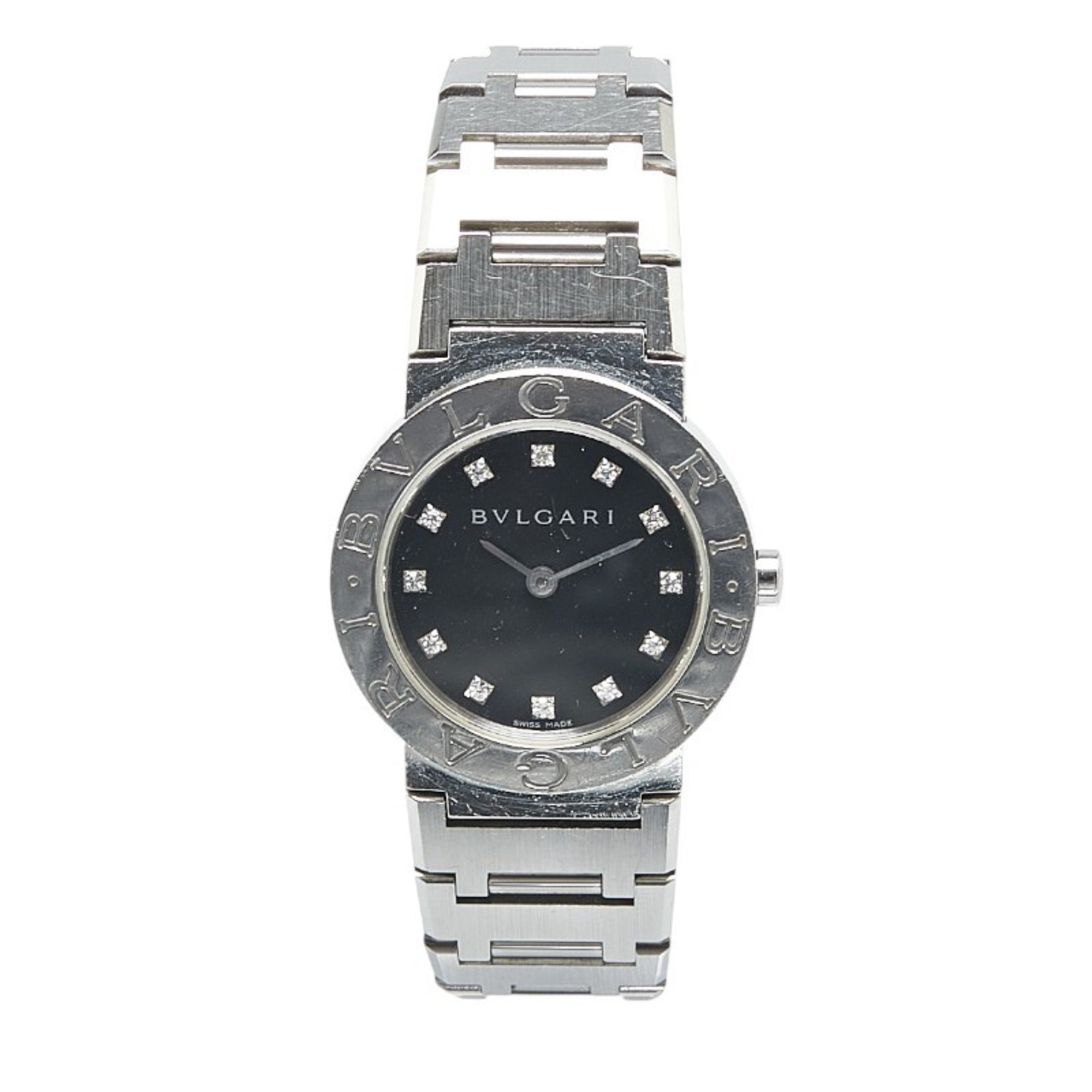 BVLGARI 12P Diamond Watch BB26SS Quartz Black Dial Stainless Steel Women's