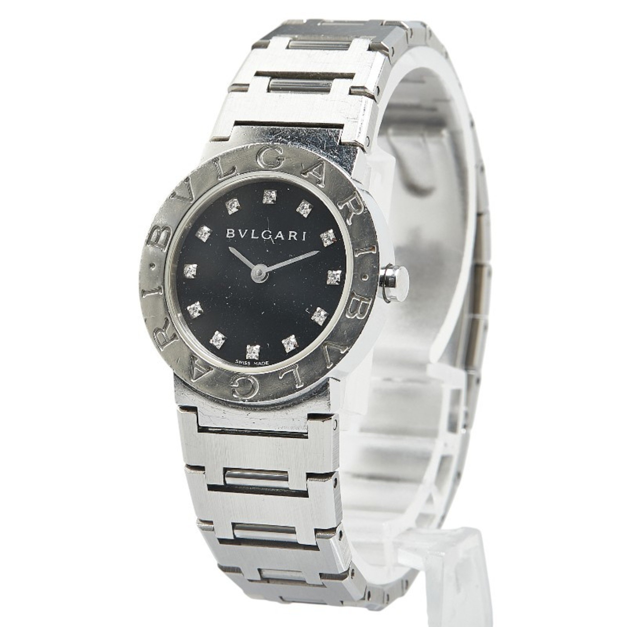 BVLGARI 12P Diamond Watch BB26SS Quartz Black Dial Stainless Steel Women's