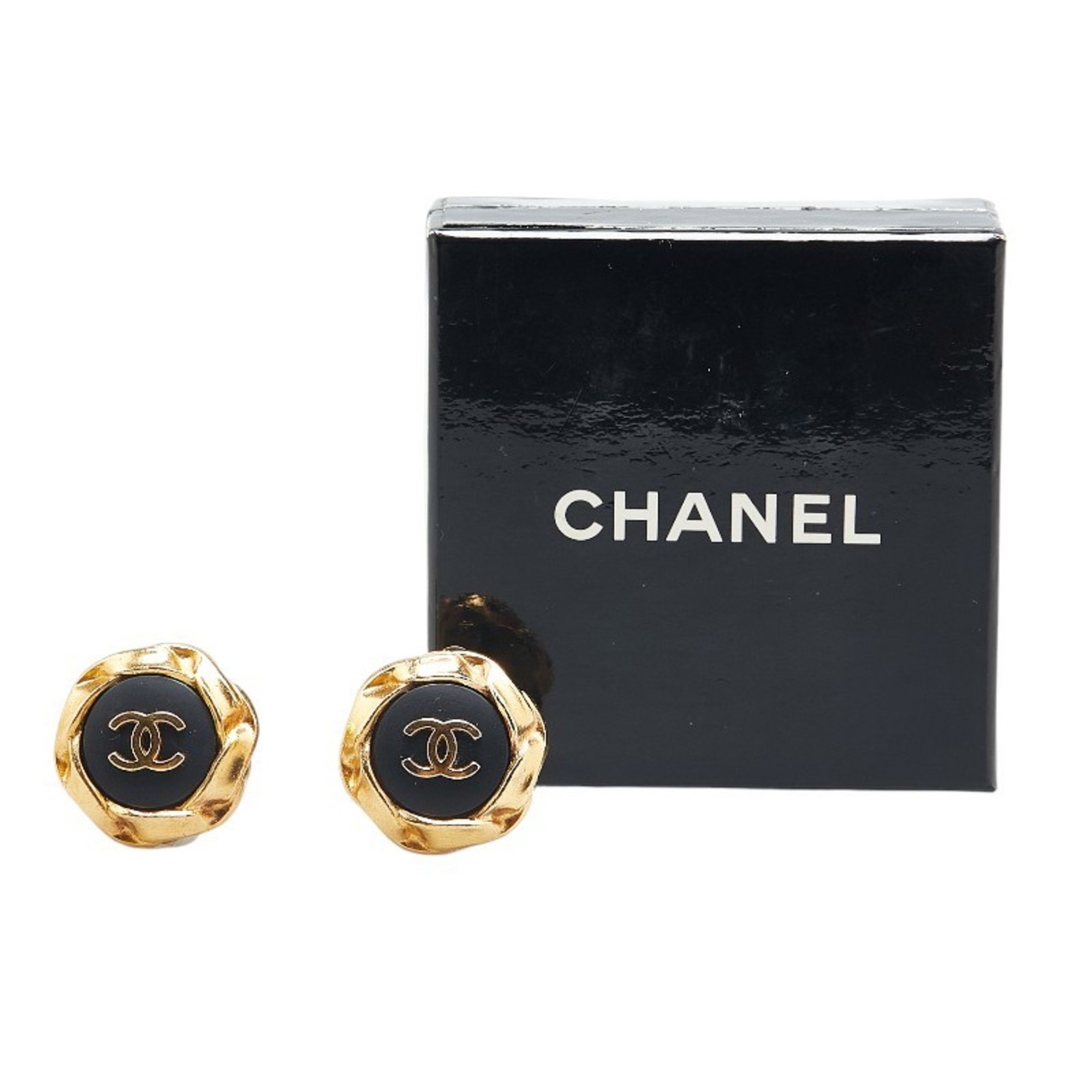 Chanel Coco Mark Octagon Earrings Gold Black Plated Plastic Women's CHANEL