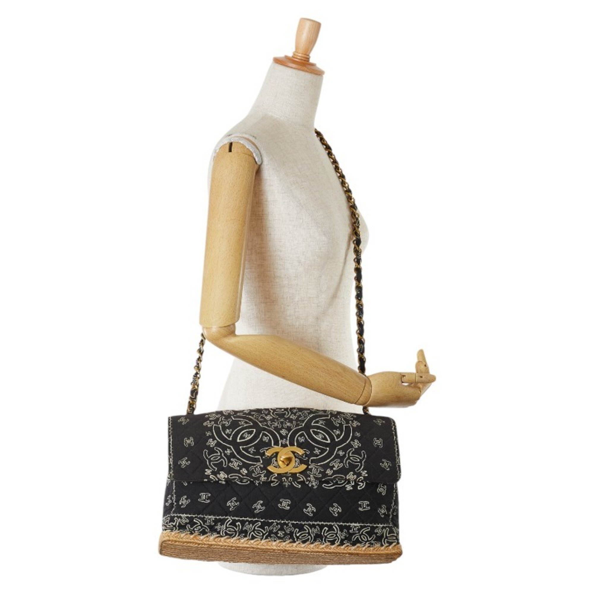 Chanel Matelasse Coco Mark Bandana Motif Chain Shoulder Bag Black White Cotton Women's CHANEL