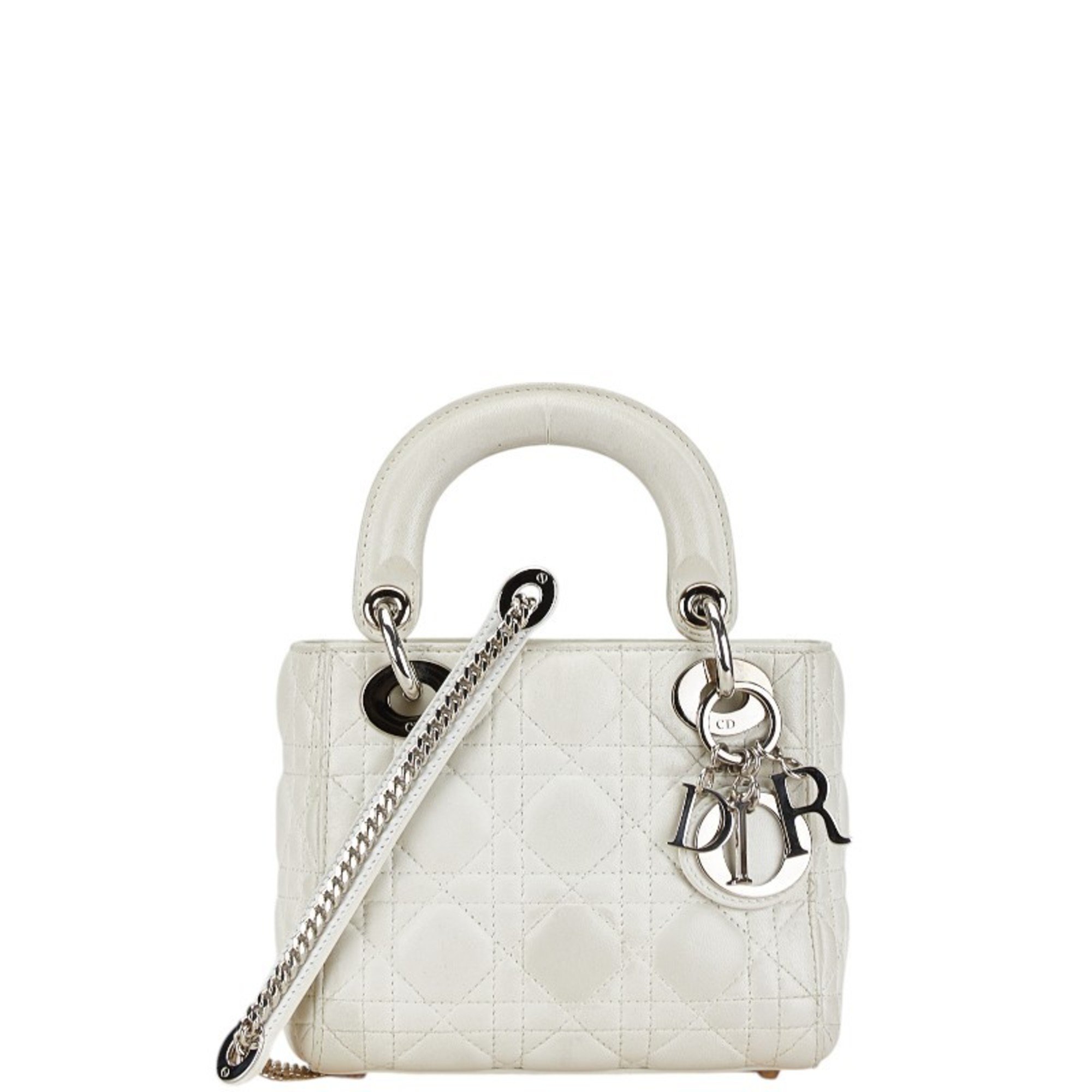 Christian Dior Dior Lady Cannage Handbag Shoulder Bag White Leather Women's