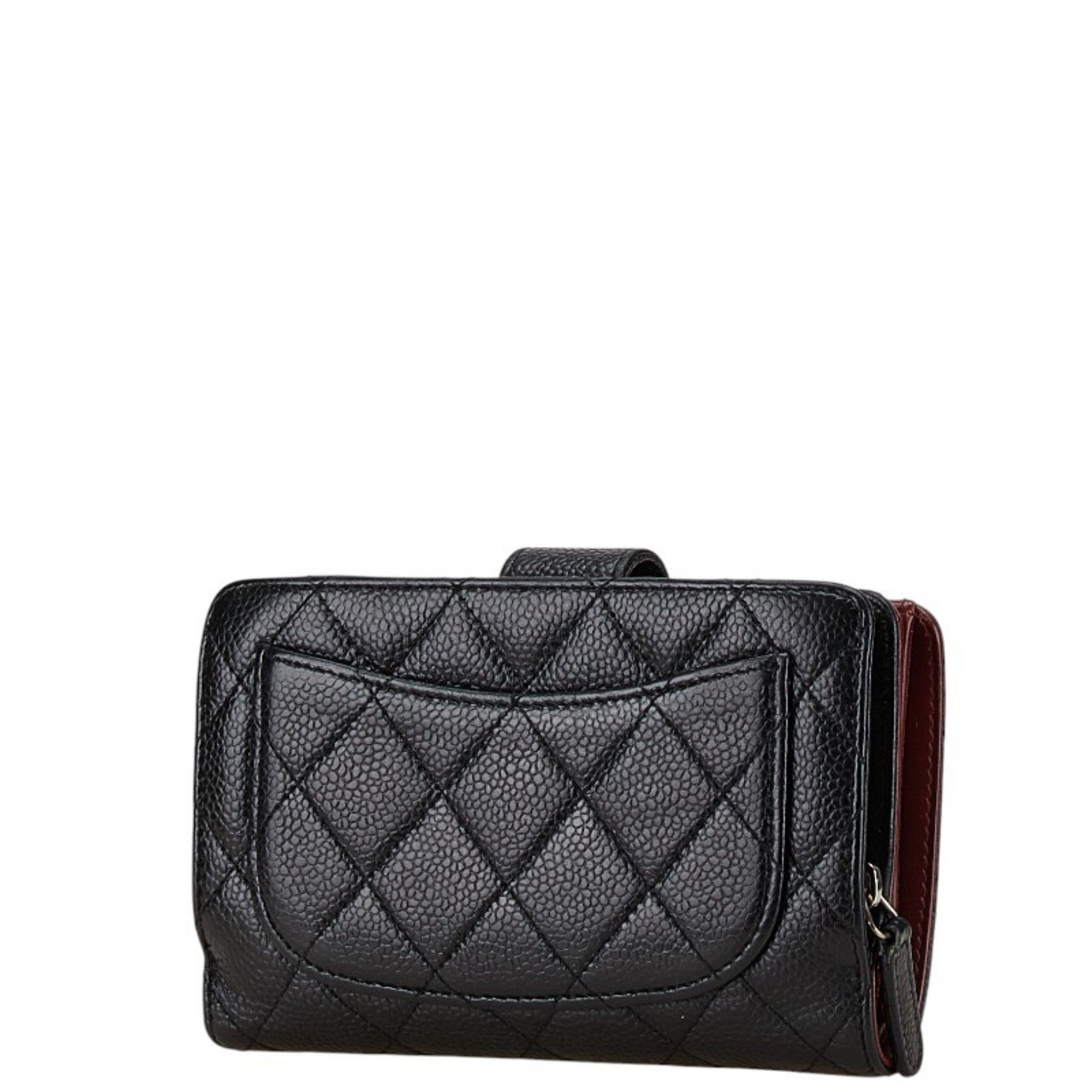 Chanel Matelasse Coco Mark Bi-fold Wallet Black Silver Caviar Skin Women's CHANEL