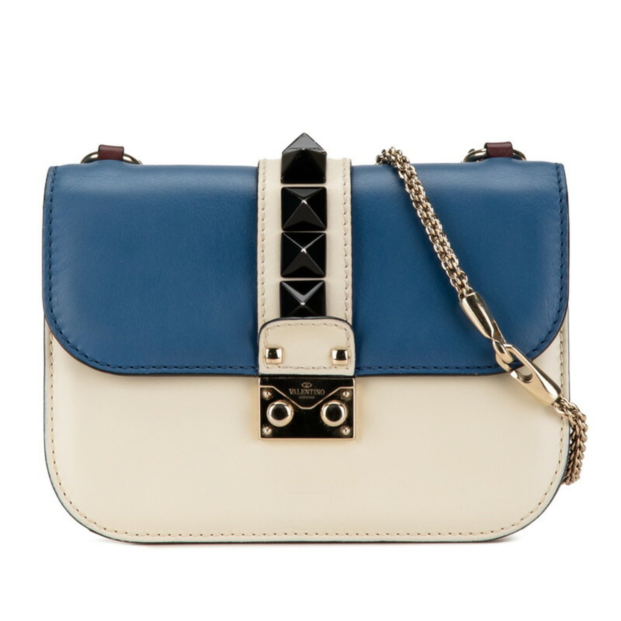 Valentino Rockstud Chain Shoulder Bag White Blue Black Leather Women's