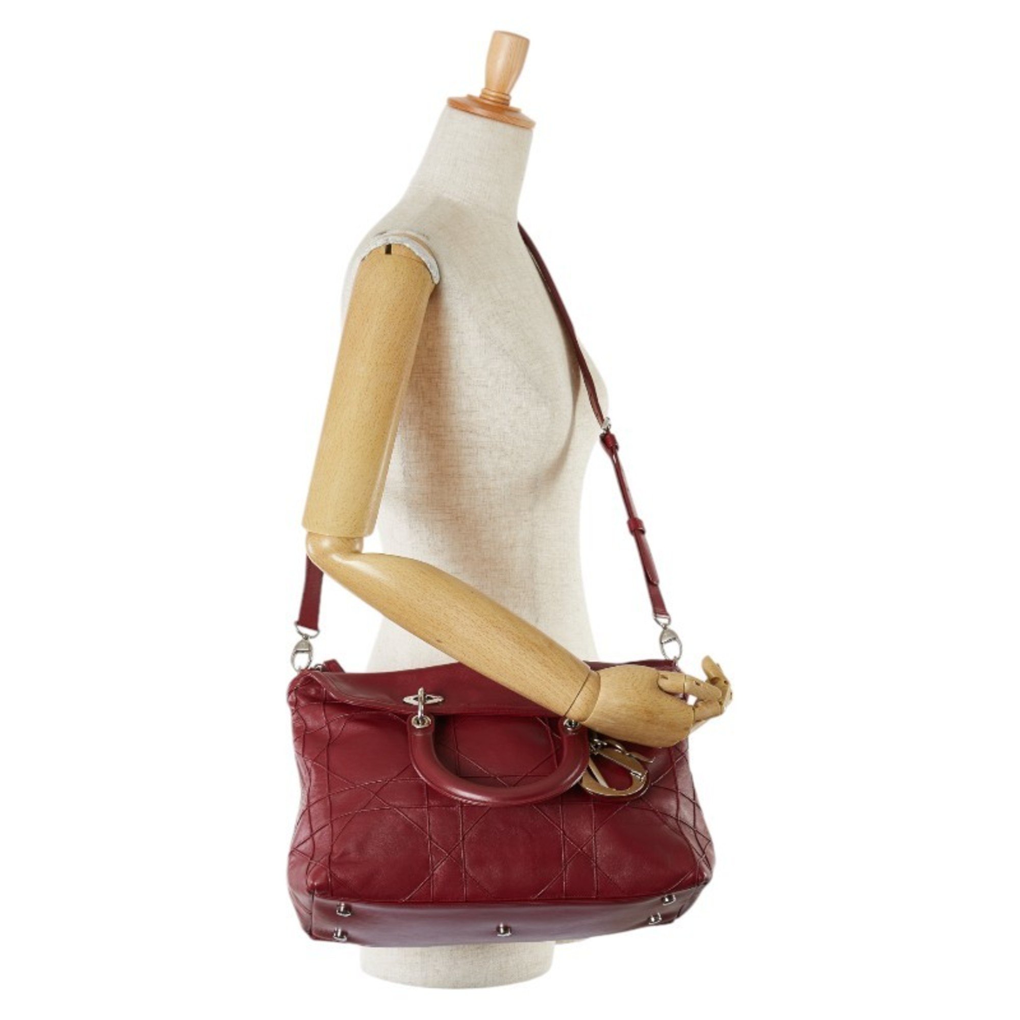 Christian Dior Dior Granville Cannage Handbag Shoulder Bag Wine Red Leather Women's