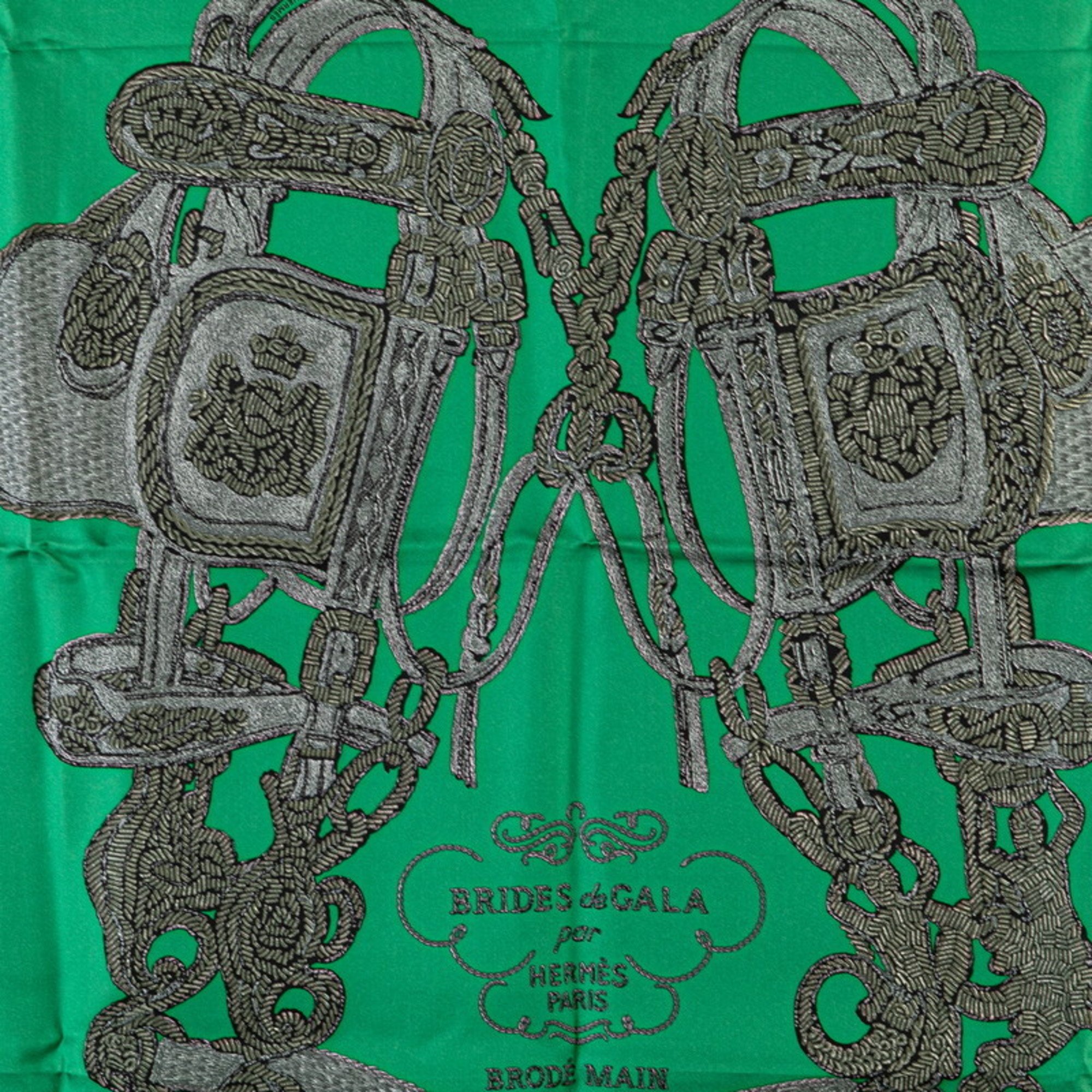 Hermes Carre 90 BRIDES de GALA Ceremonial Bridle Scarf Muffler Green White Silk Women's HERMES