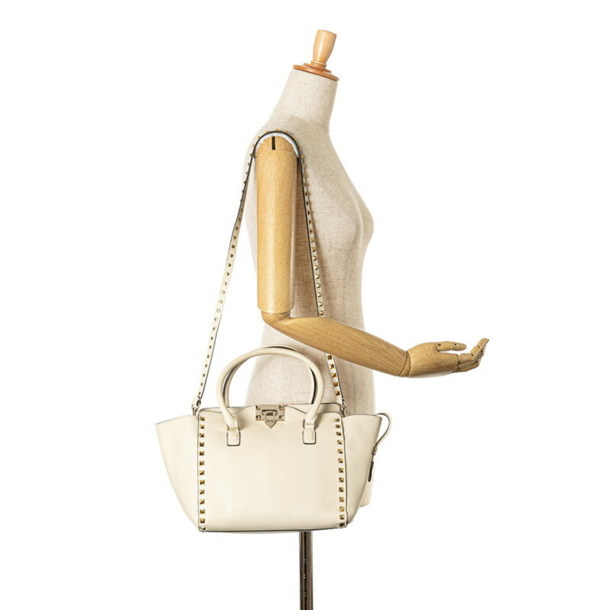 Valentino Rockstud Handbag Shoulder Bag White Leather Women's