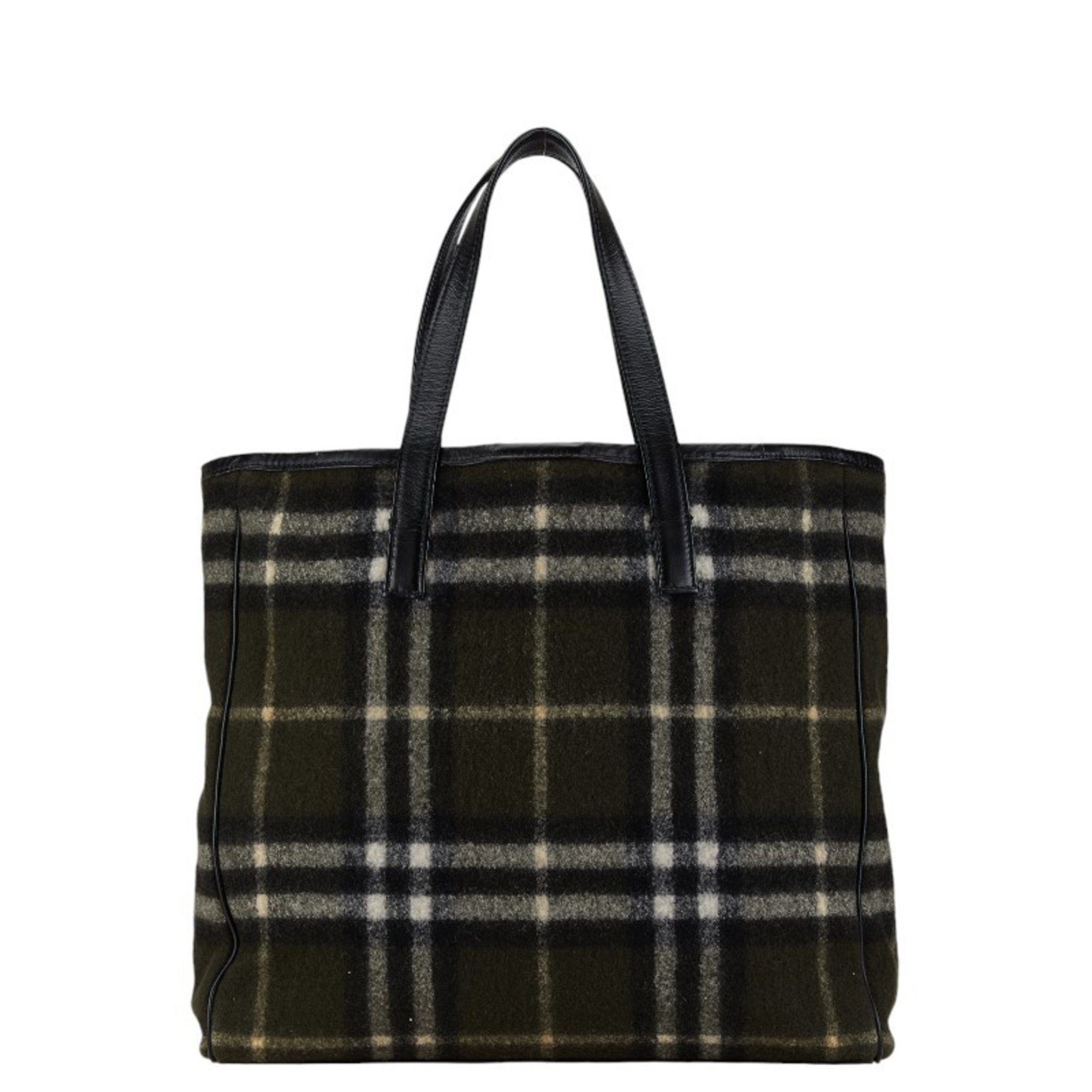 Burberry Nova Check Blue Label Tote Bag Khaki Black Felt Leather Women's BURBERRY