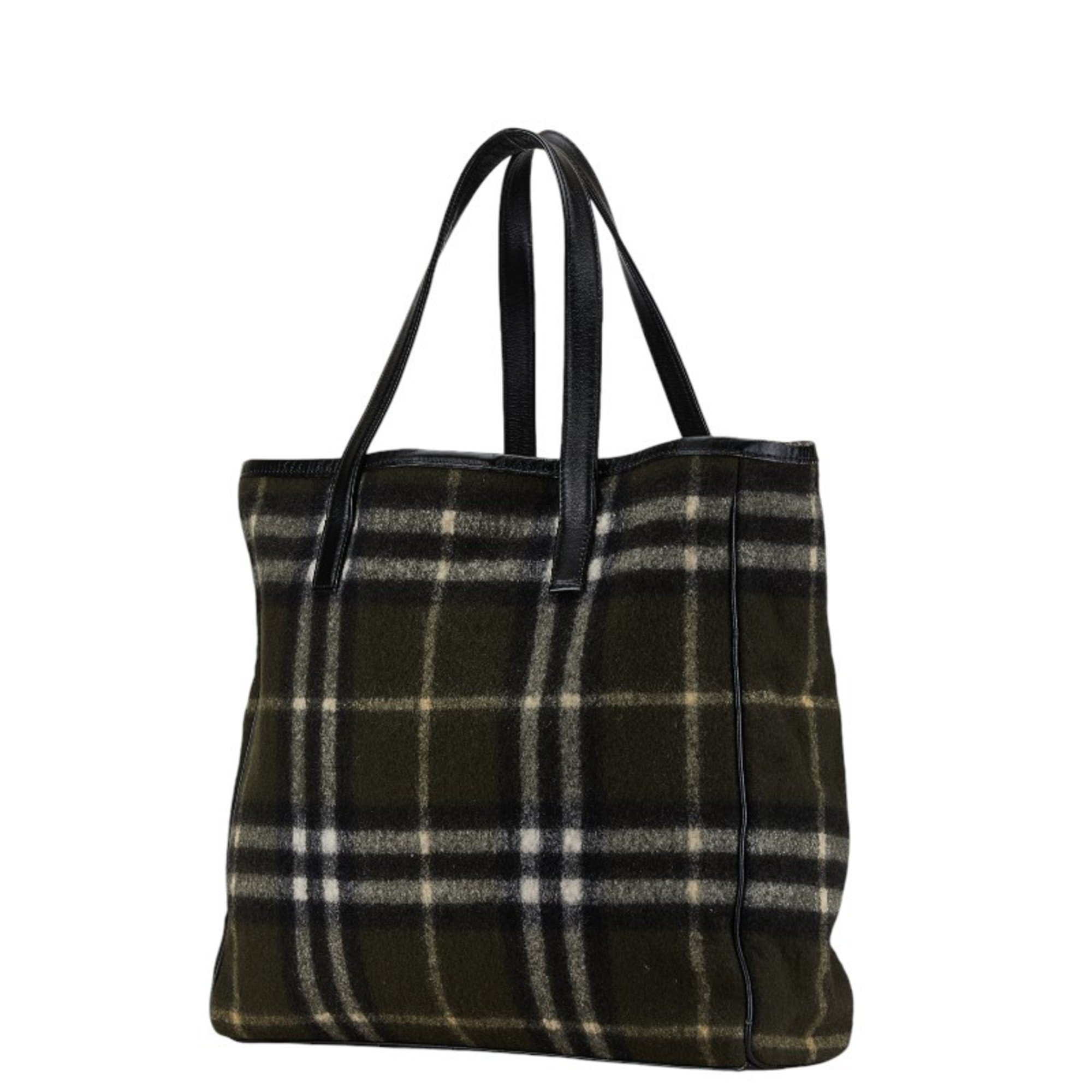 Burberry Nova Check Blue Label Tote Bag Khaki Black Felt Leather Women's BURBERRY