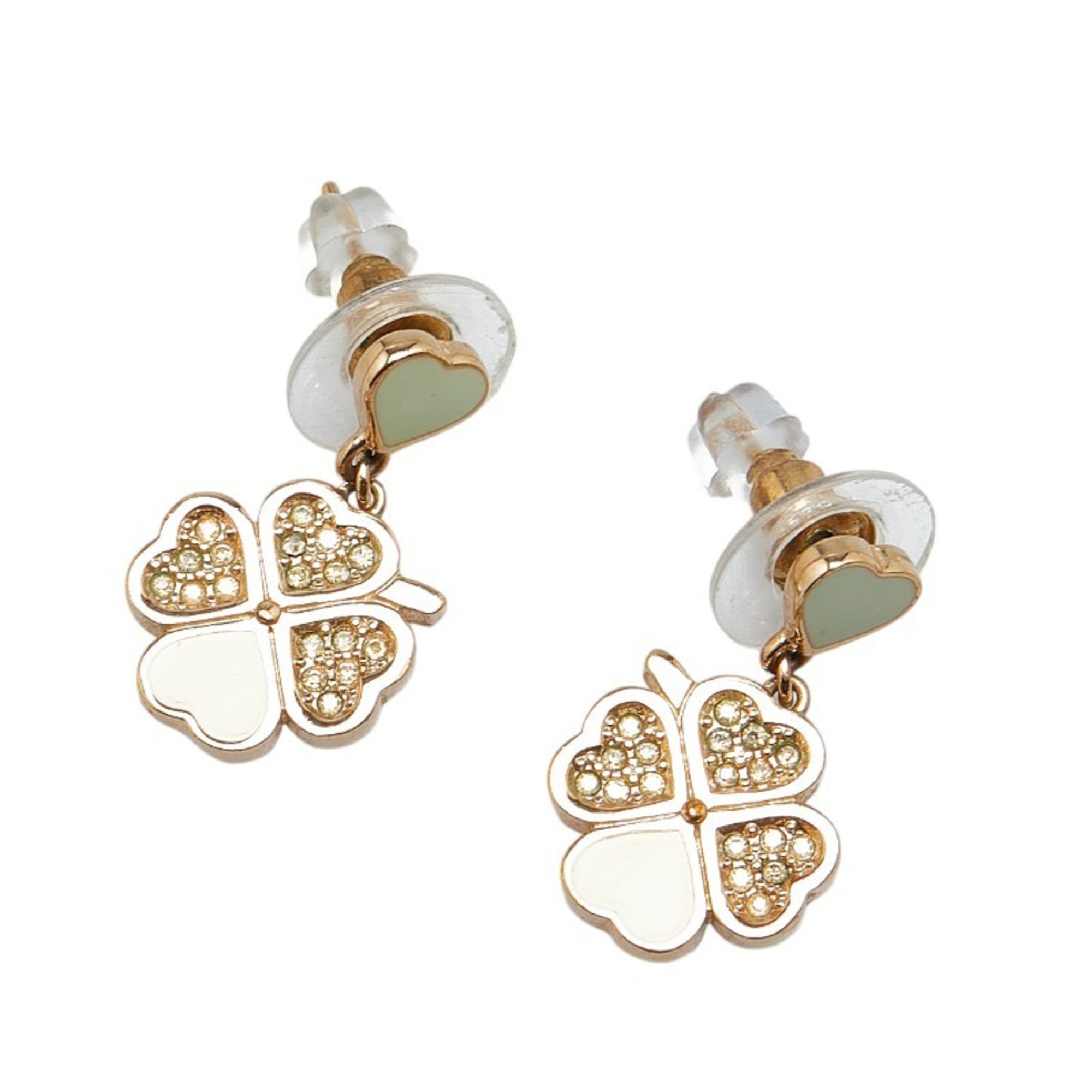 Christian Dior Dior Clover Heart Earrings Gold Plated Rhinestones Women's