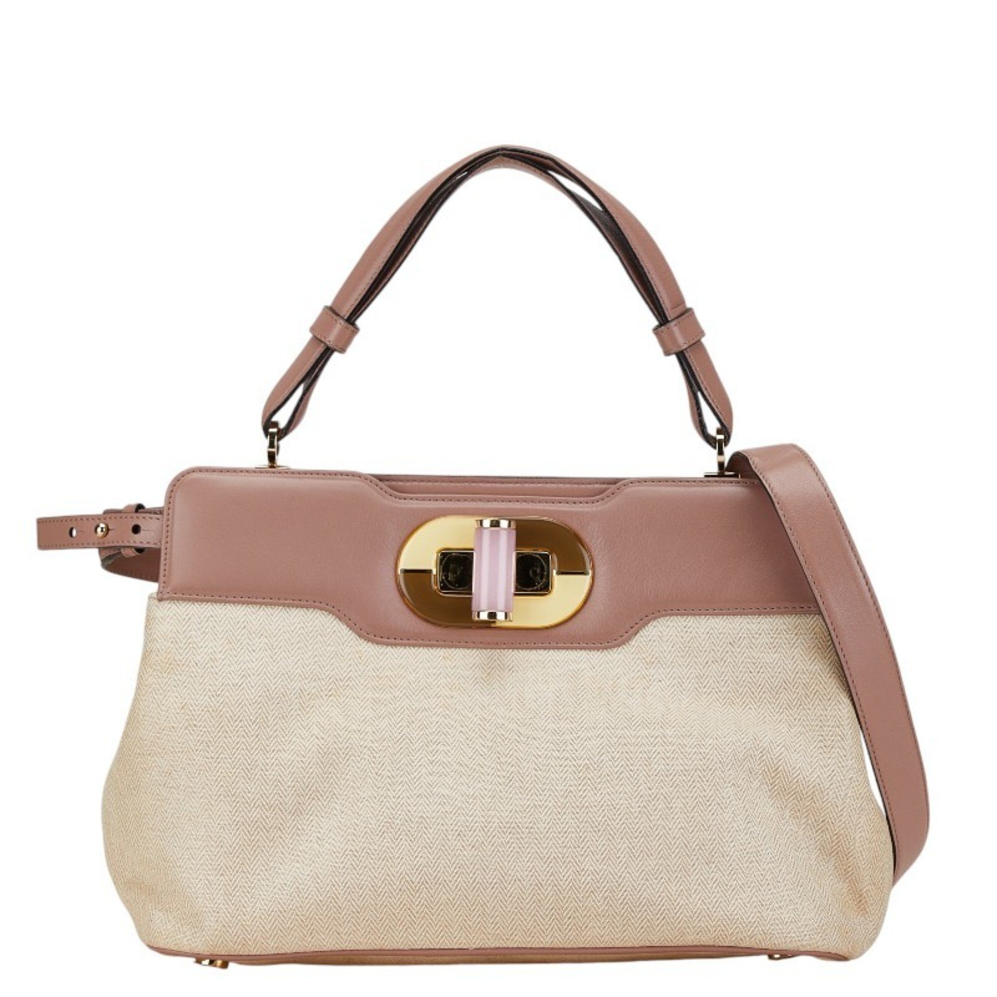 BVLGARI Isabella Handbag Shoulder Bag 34425 Beige Pink Canvas Leather Women's