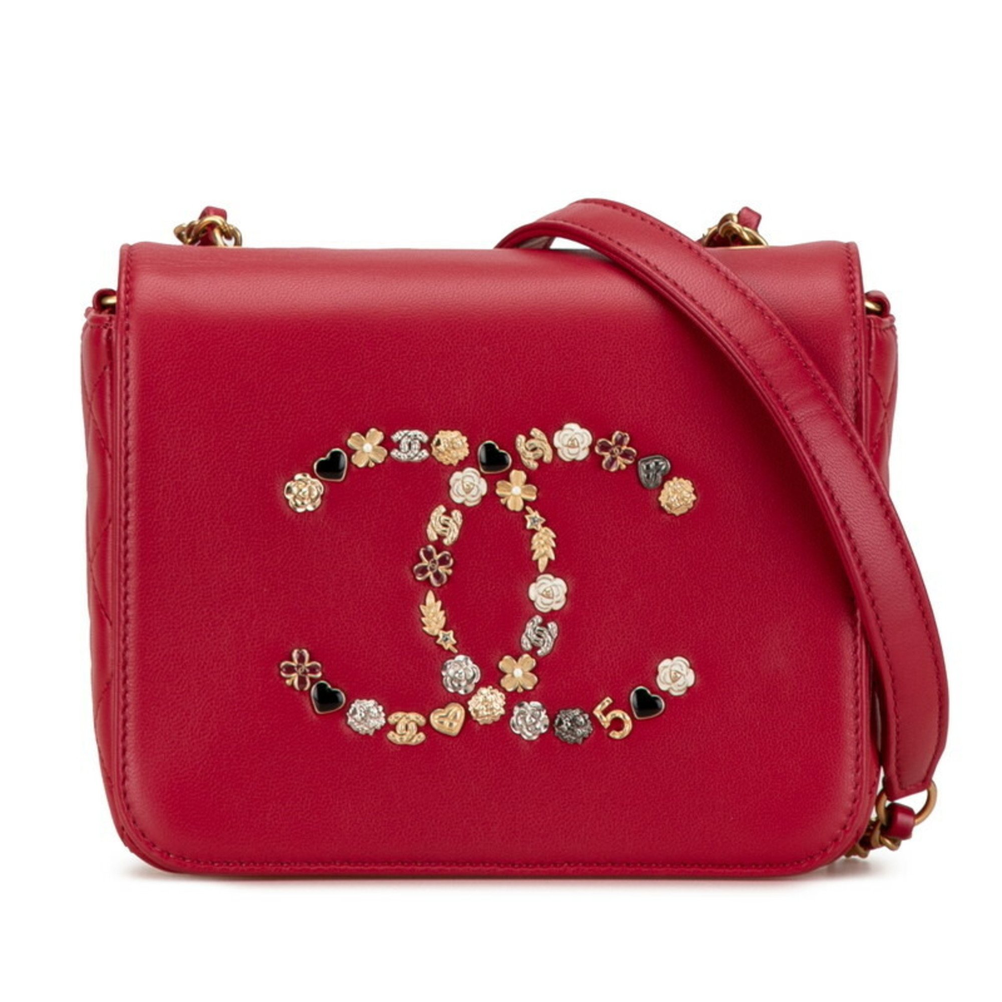 CHANEL Matelasse Coco Mark Heart Flower Chain Shoulder Bag Red Lambskin Women's