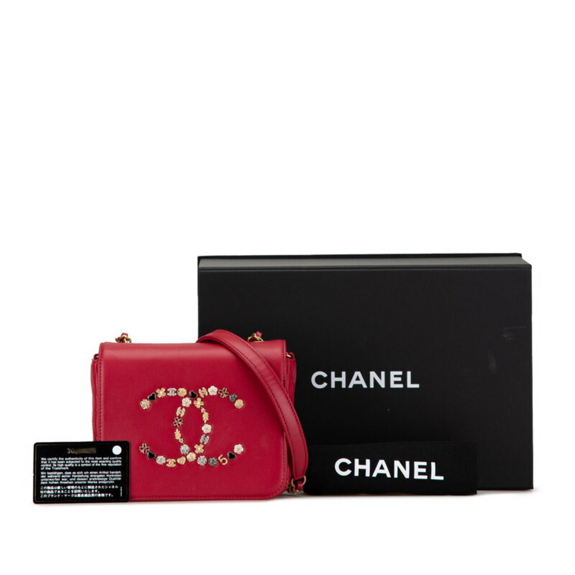 CHANEL Matelasse Coco Mark Heart Flower Chain Shoulder Bag Red Lambskin Women's