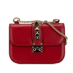 Valentino Rockstud Chain Shoulder Bag Red Gold Leather Women's