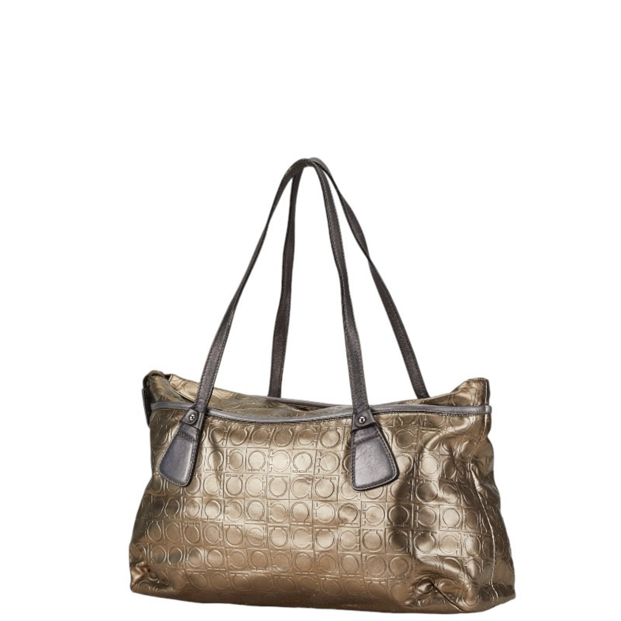 Salvatore Ferragamo Gancini Tote Bag Gold Grey Leather Women's