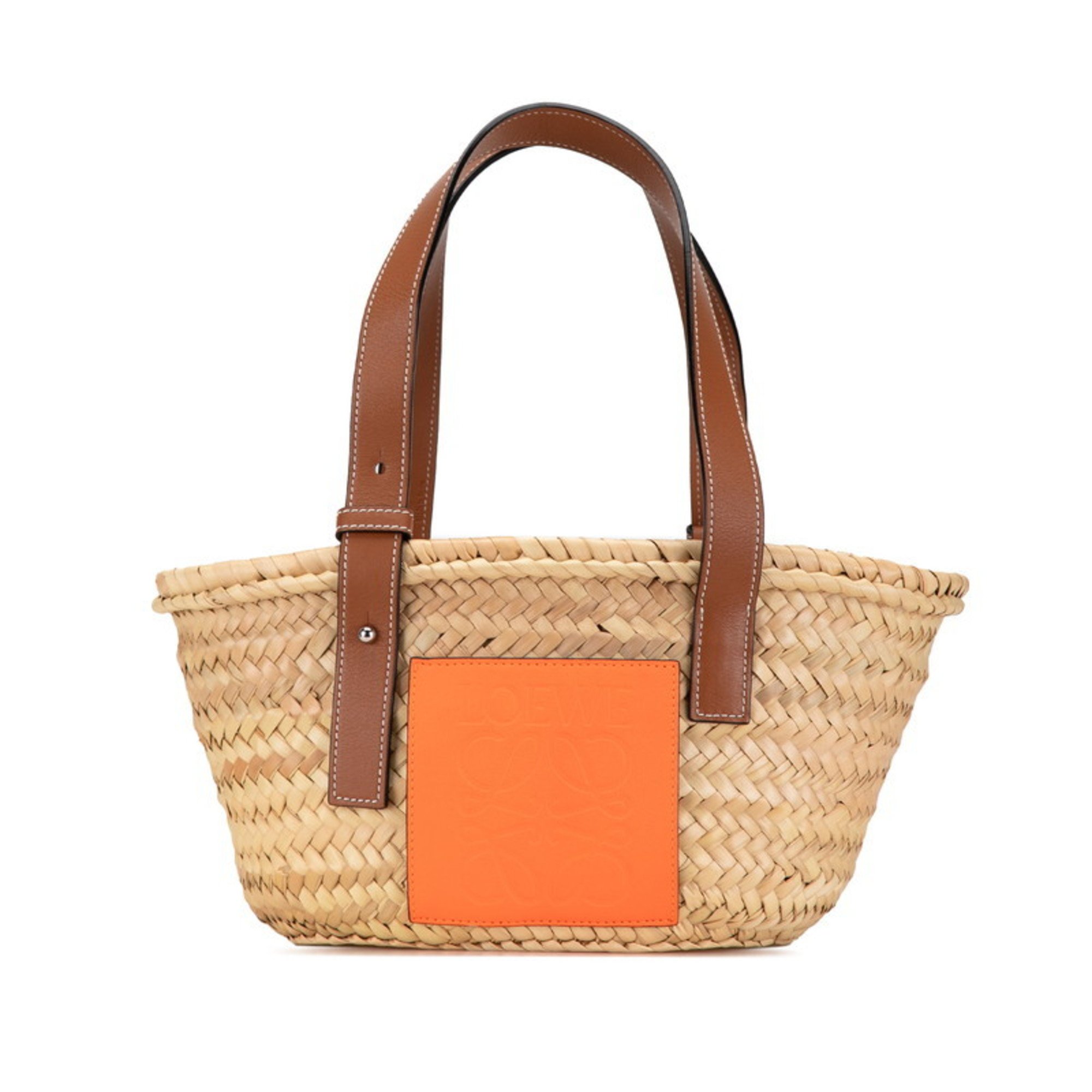 LOEWE Anagram Basket Small Handbag Bag Beige Orange Raffia Leather Women's