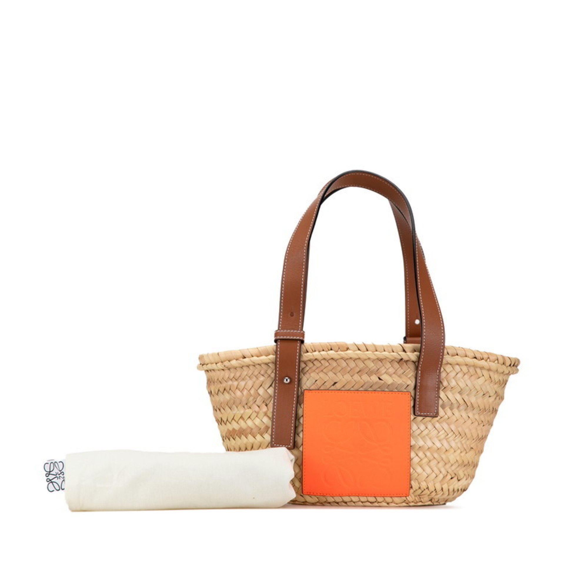 LOEWE Anagram Basket Small Handbag Bag Beige Orange Raffia Leather Women's