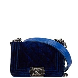 CHANEL BOY MATELASSEE CHAIN SHOULDER BAG BLUE SILVER VELOUR LEATHER WOMEN'S