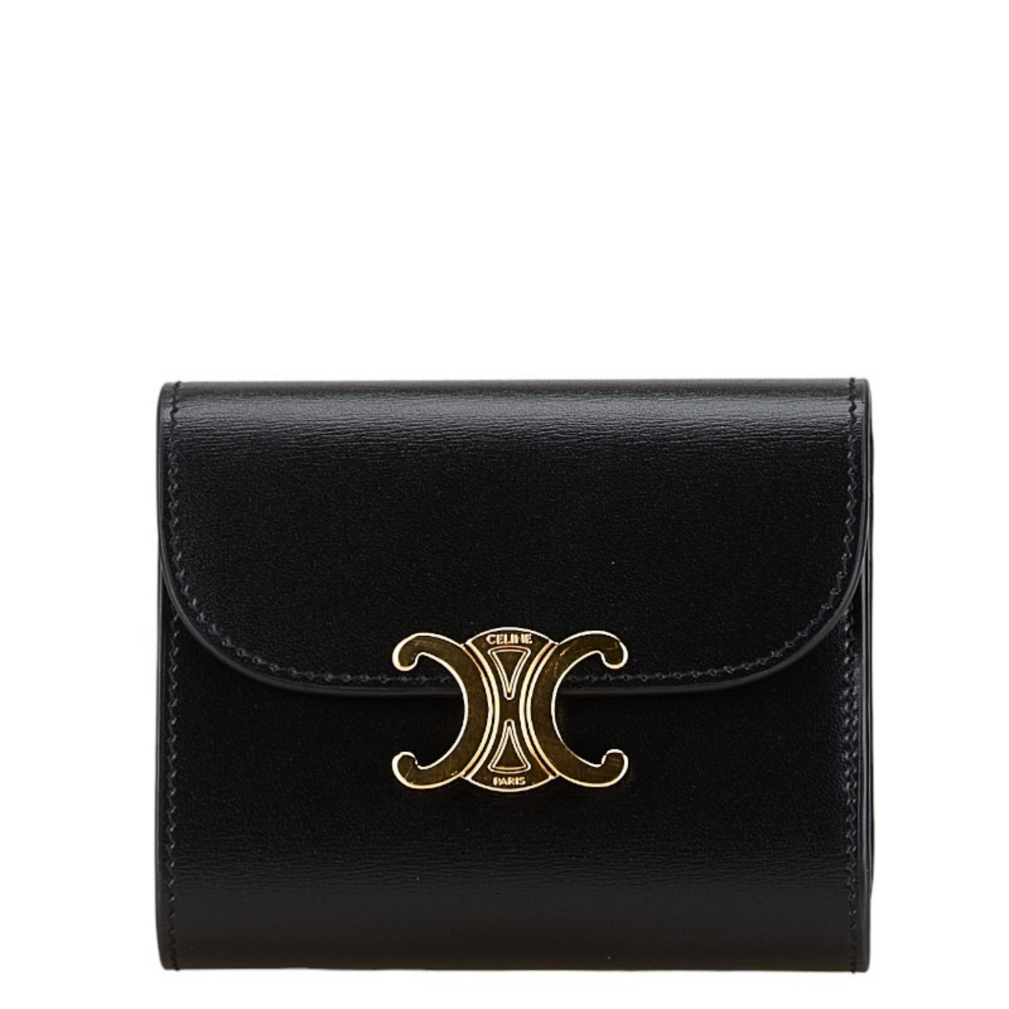 Celine Triomphe Bi-fold Wallet Black Gold Leather Women's CELINE