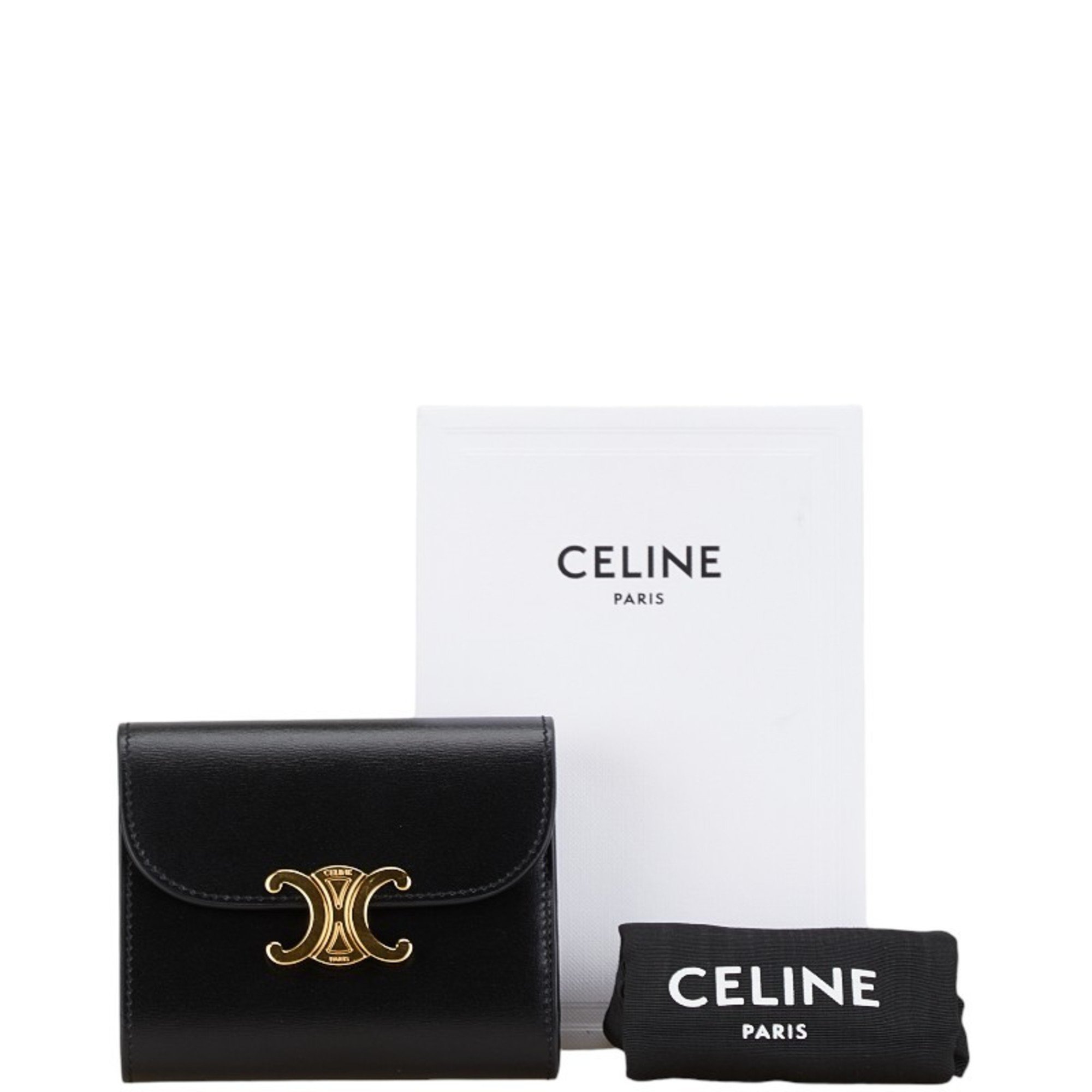 Celine Triomphe Bi-fold Wallet Black Gold Leather Women's CELINE