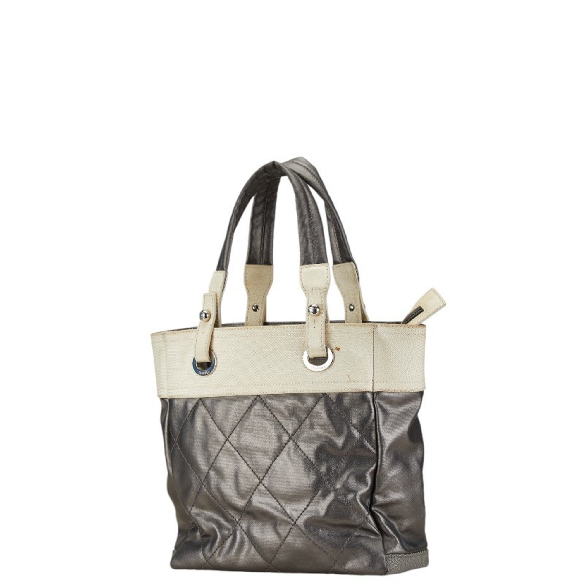 Chanel Coco Mark Paris Biarritz PM Tote Bag Shoulder Silver White Leather Canvas Women's CHANEL