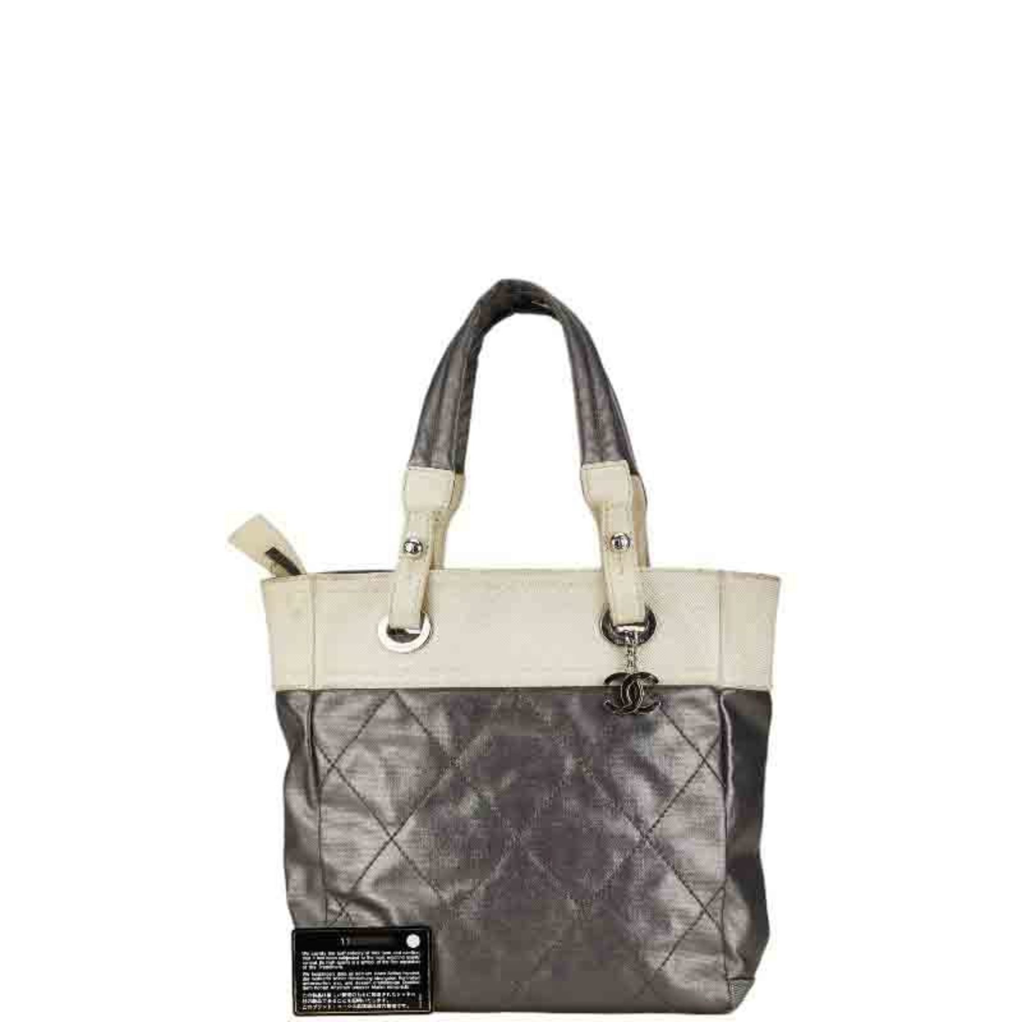 Chanel Coco Mark Paris Biarritz PM Tote Bag Shoulder Silver White Leather Canvas Women's CHANEL