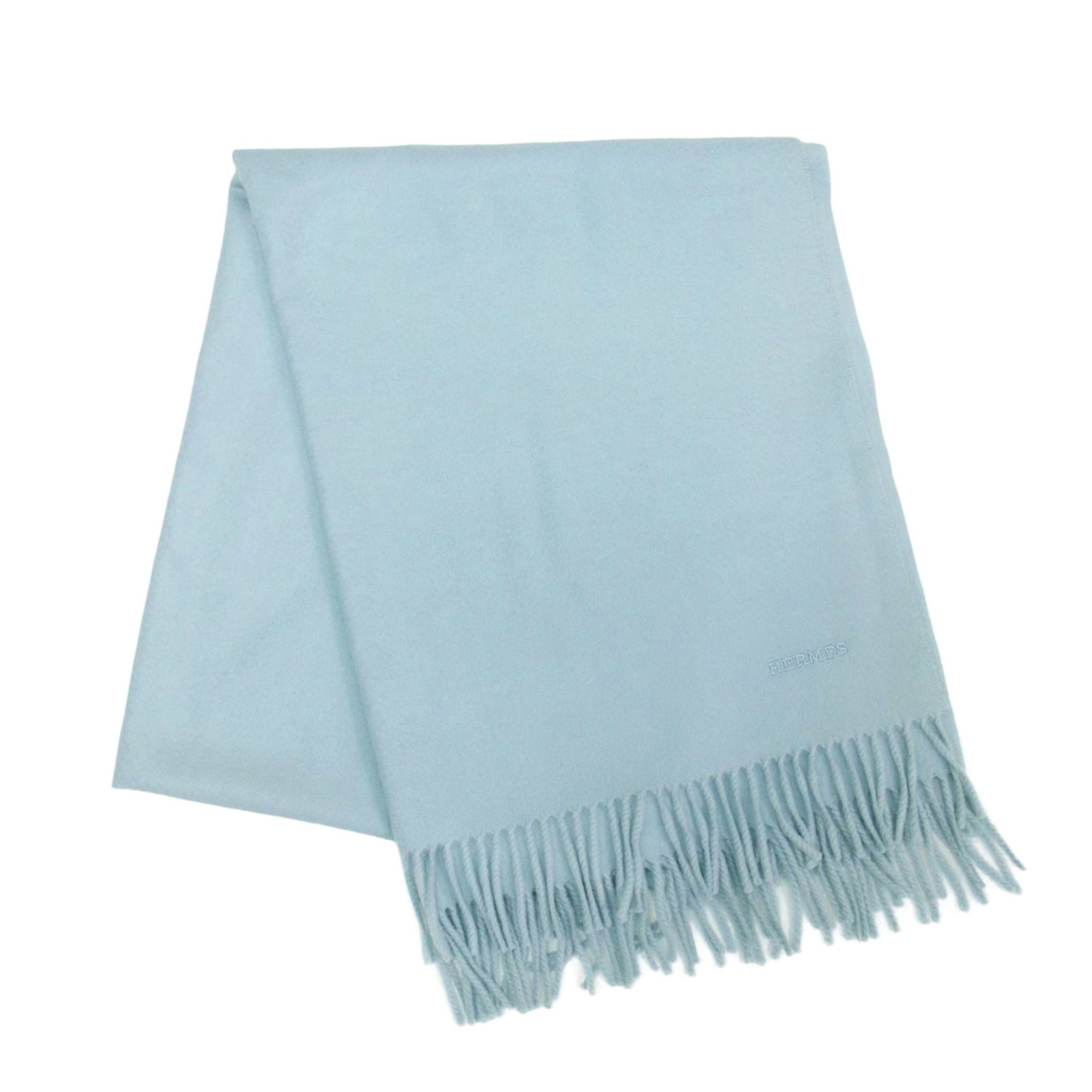 HERMES Large Cashmere Stole Scarf Embroidered Light Blue Women's