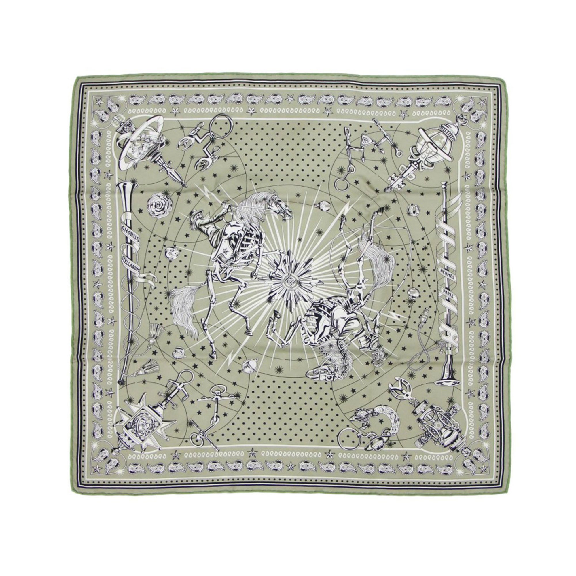 HERMES Silk Bandana 55 Chorus Stellarum Scarf Muffler Khaki Women's