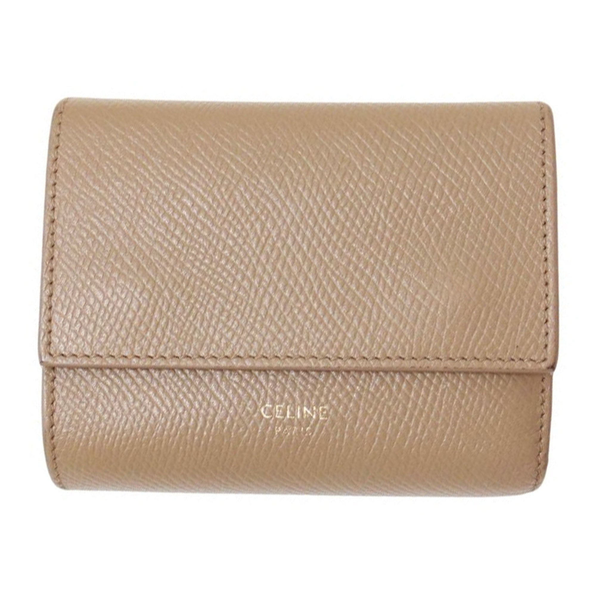 CELINE Small Trifold Wallet Grained Calfskin Leather Camel Women's