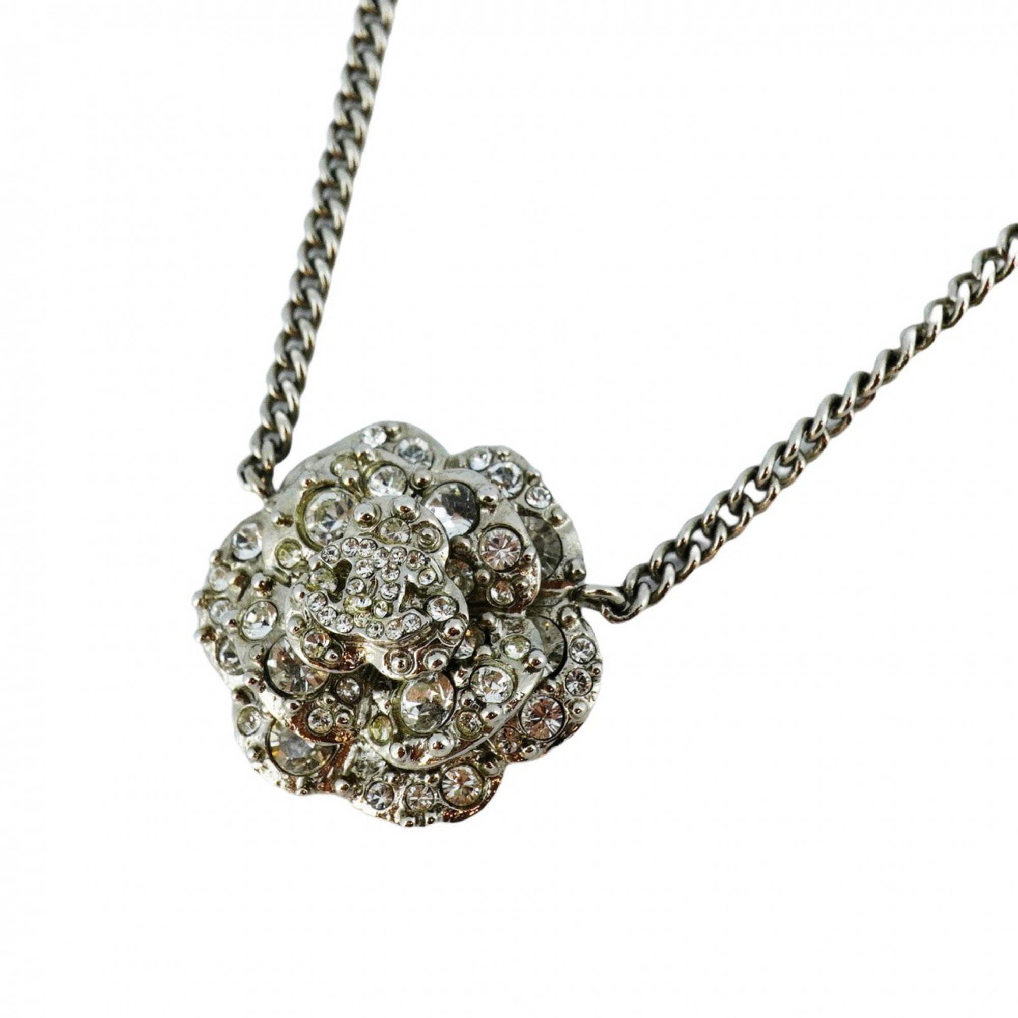 Chanel Necklace Coco Mark Camellia Rhinestone Metal Silver Ladies