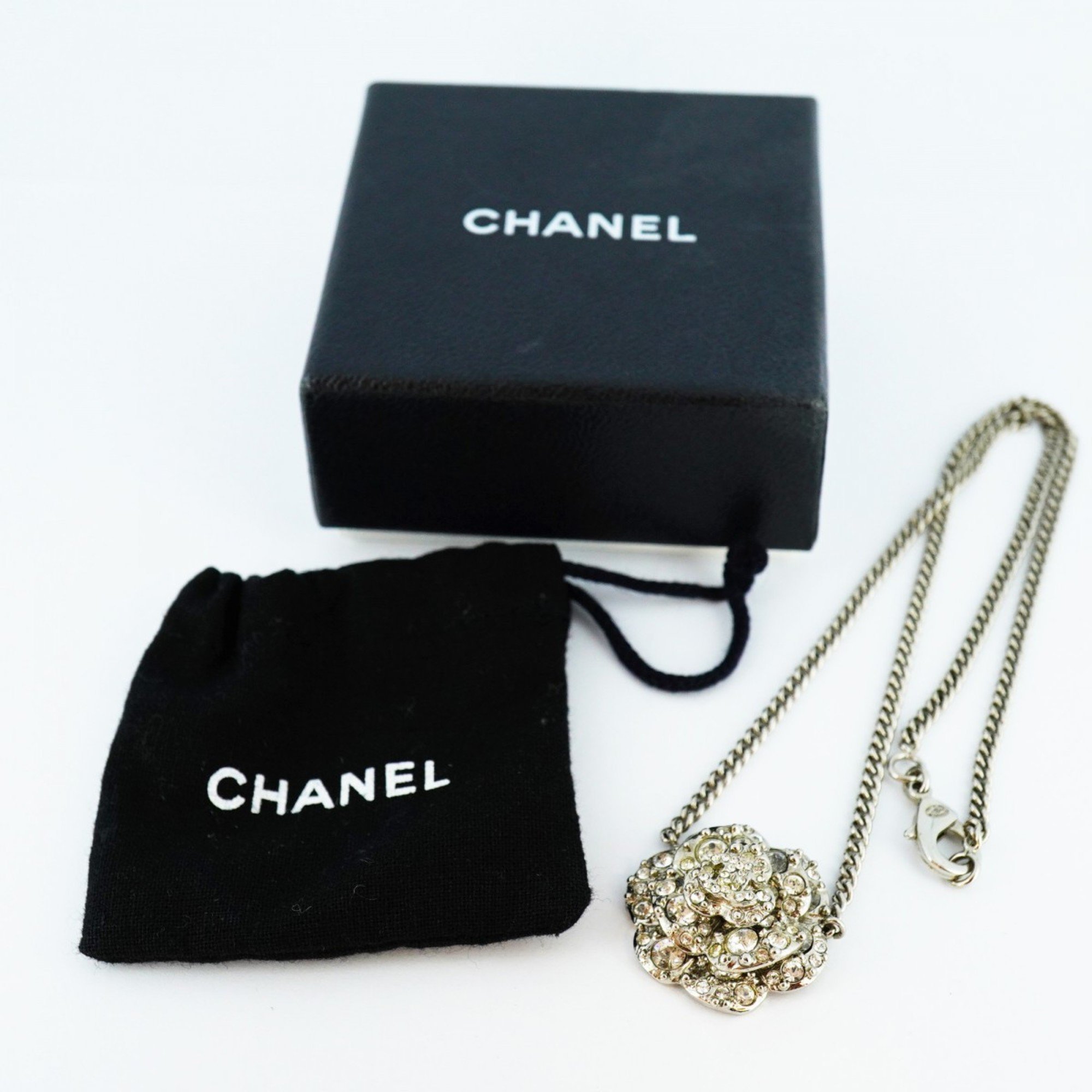 Chanel Necklace Coco Mark Camellia Rhinestone Metal Silver Ladies