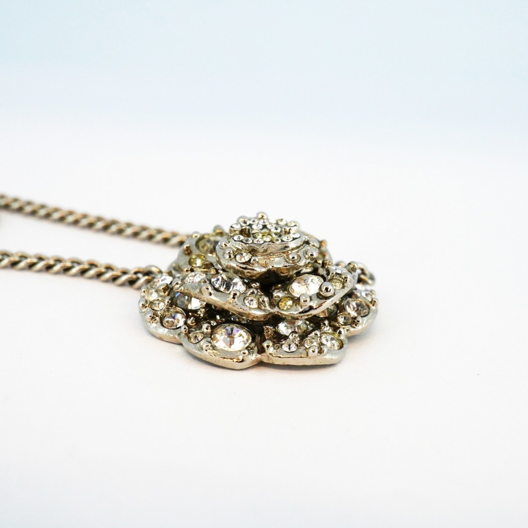 Chanel Necklace Coco Mark Camellia Rhinestone Metal Silver Ladies