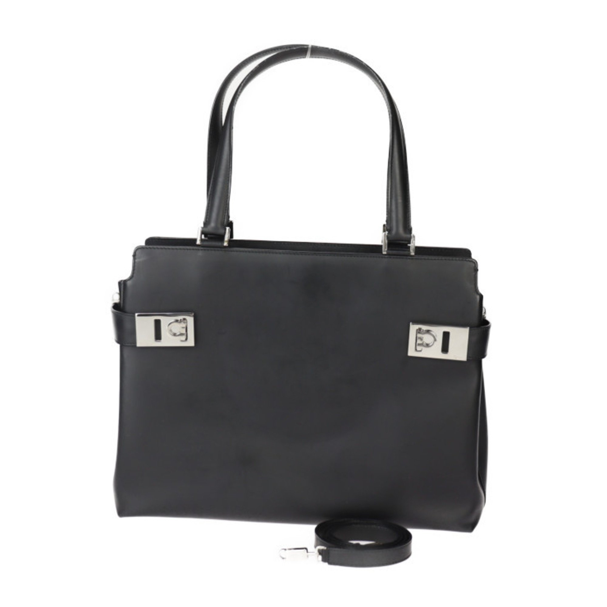 Salvatore Ferragamo Gancini Handbag 21 0166 Calf Leather Black Shoulder Bag Tote