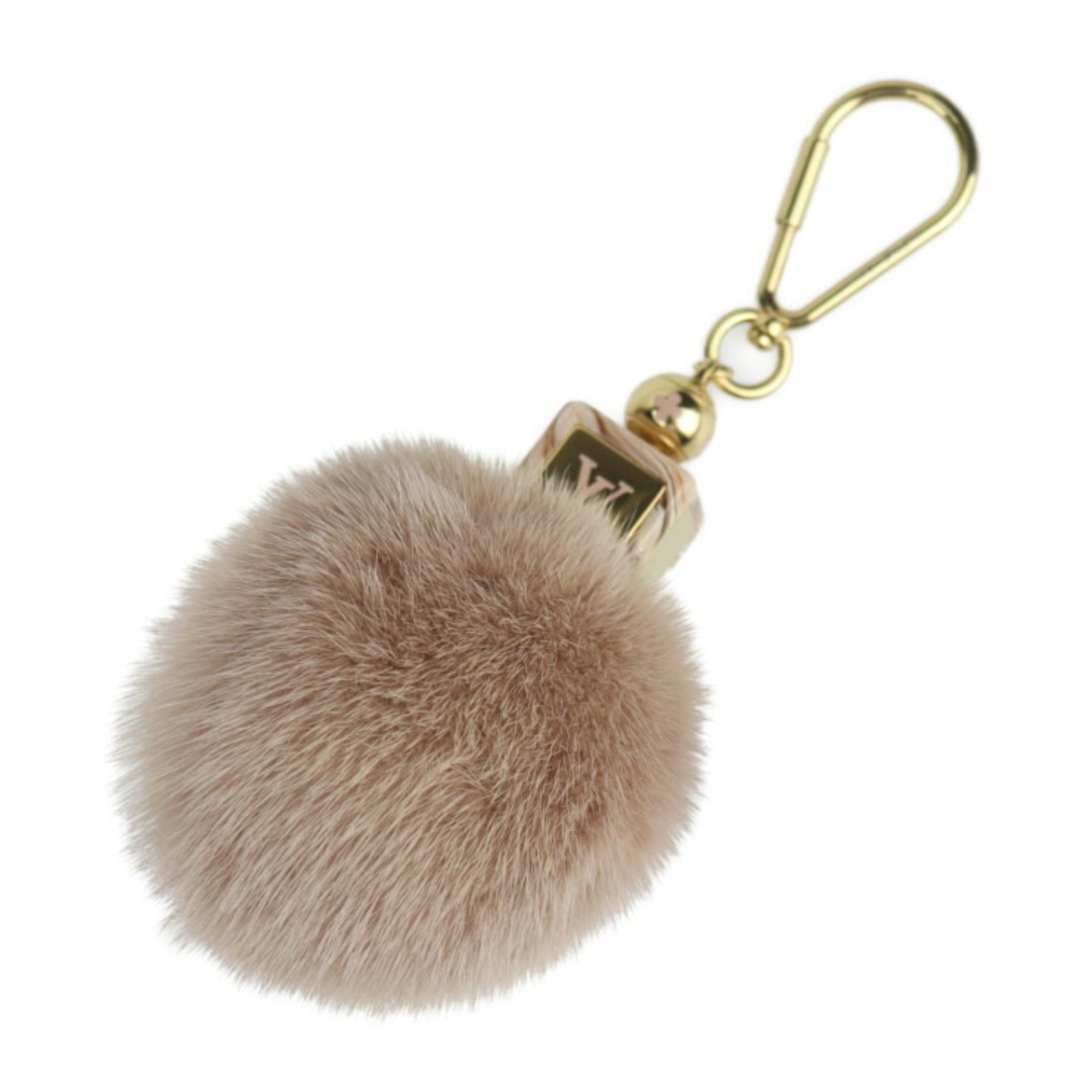 LOUIS VUITTON Fluffy Keychain M67943 Metal Mink Fur Gold Pink Beige Bag Charm LV Vuitton