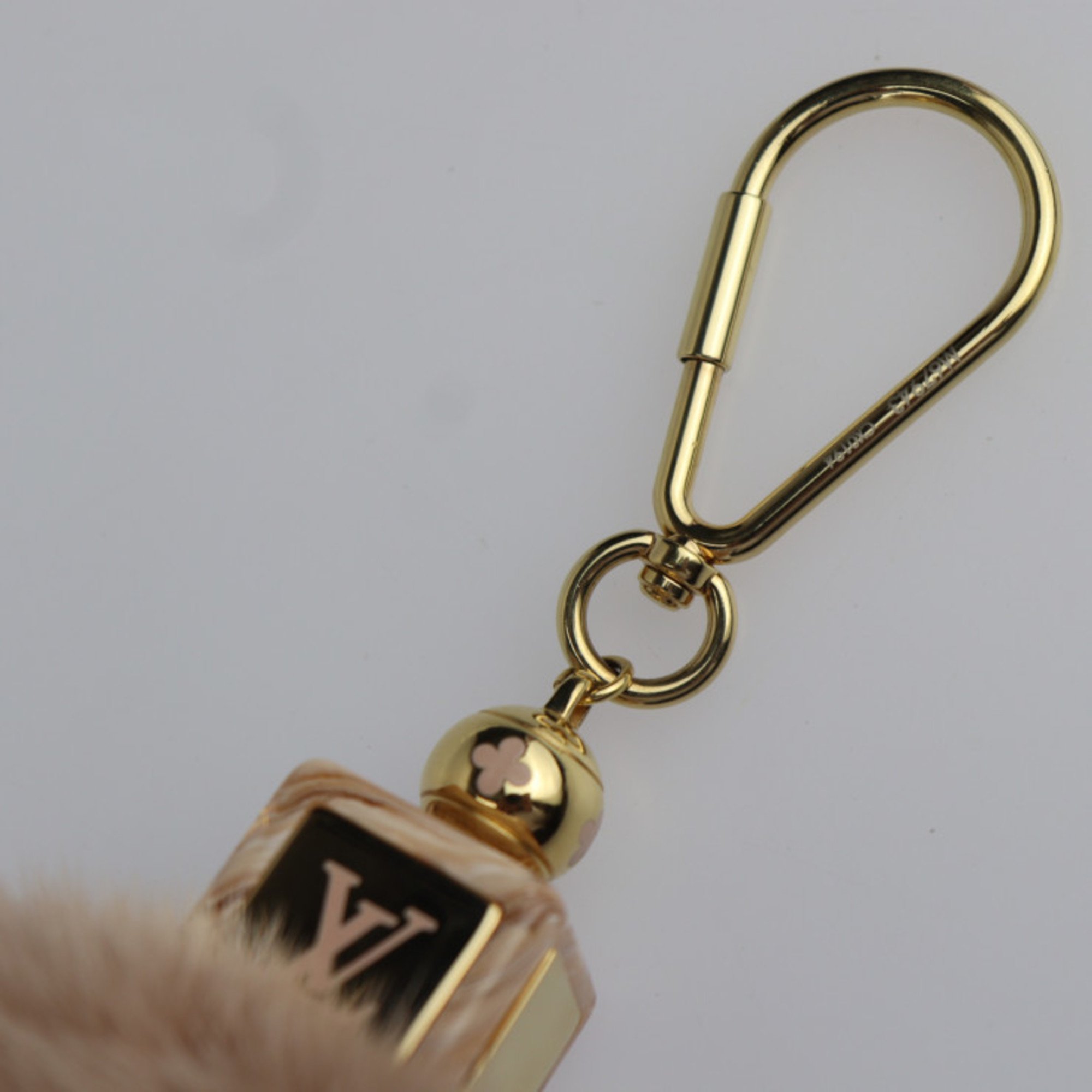 LOUIS VUITTON Fluffy Keychain M67943 Metal Mink Fur Gold Pink Beige Bag Charm LV Vuitton