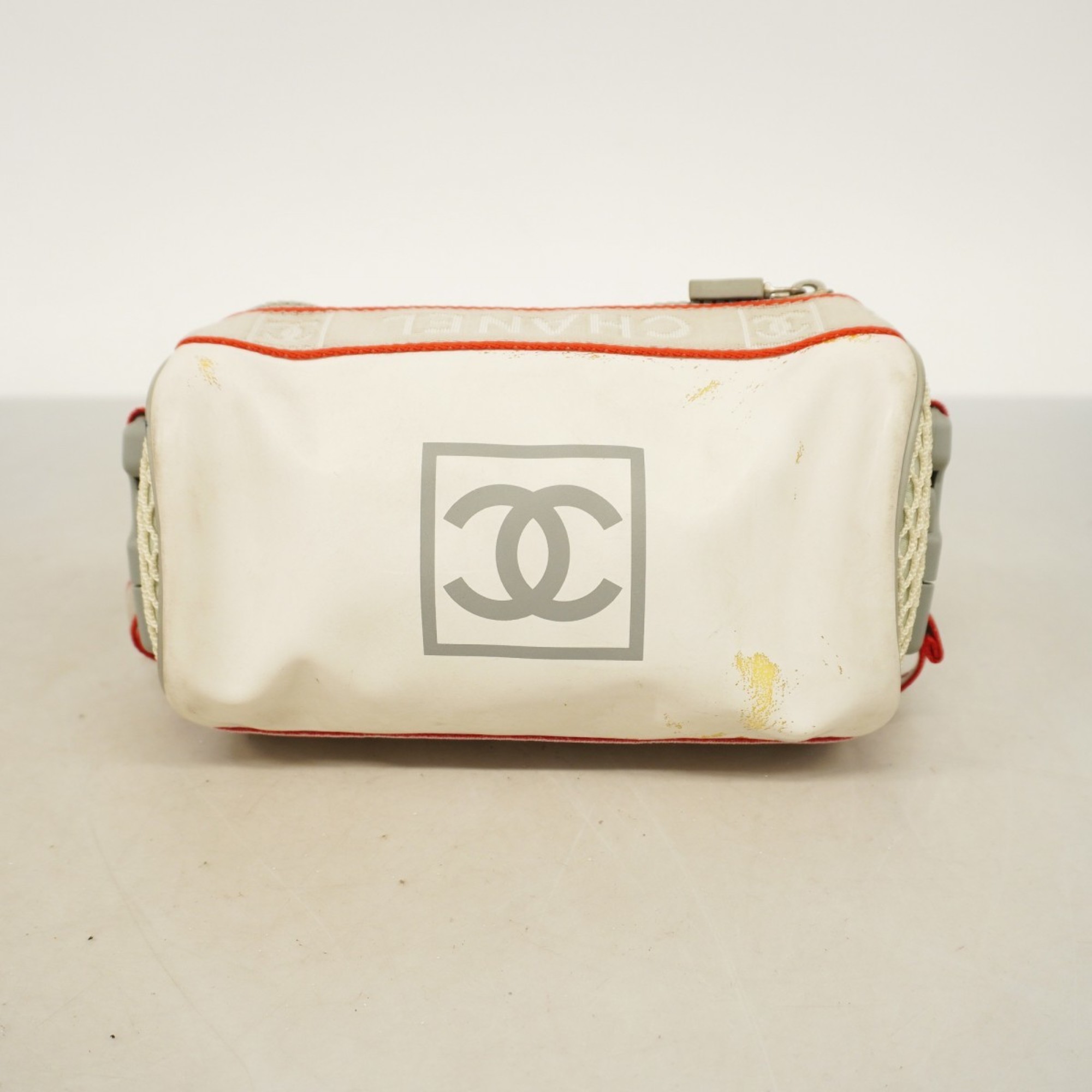 Chanel shoulder bag sports nylon vinyl grey white ladies