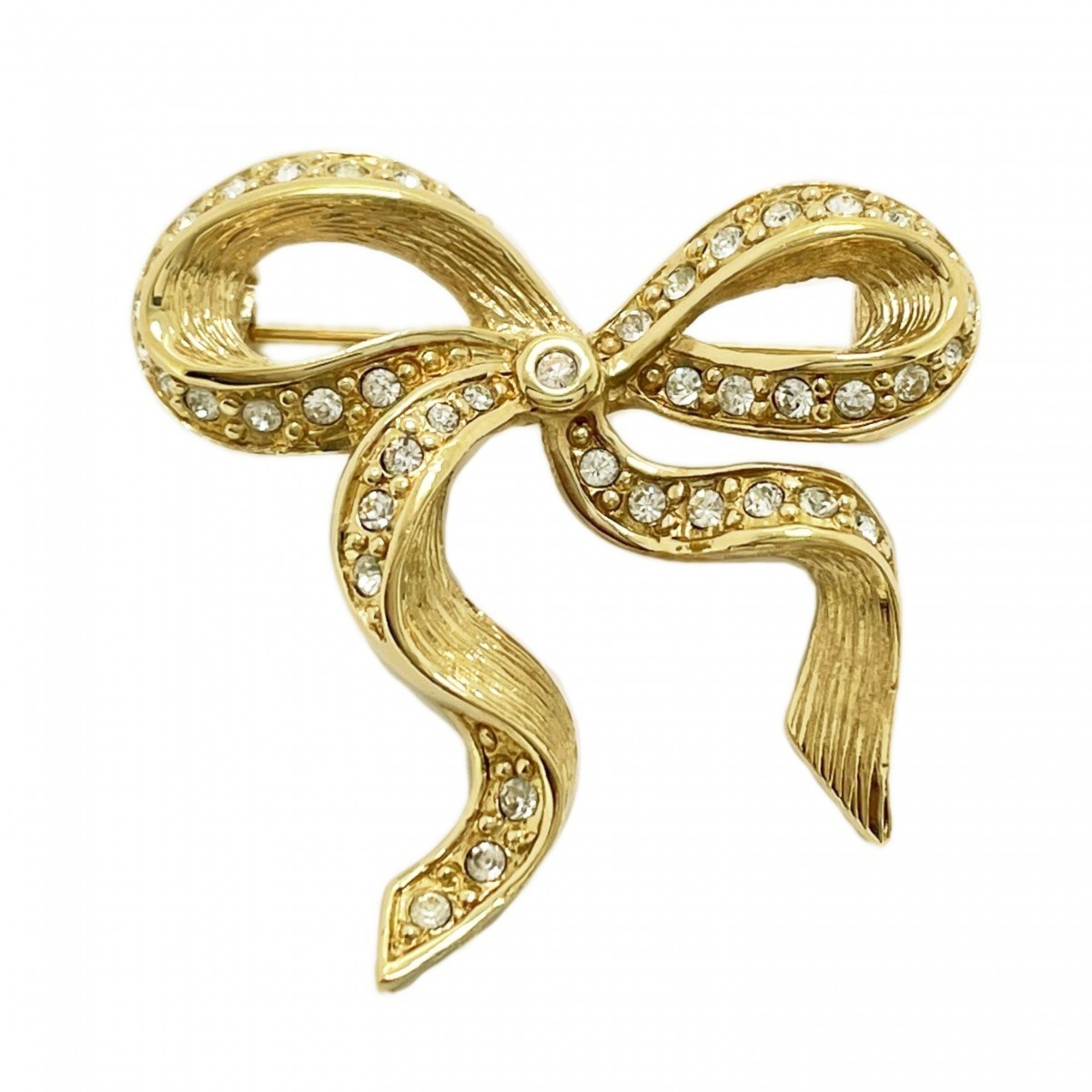 Christian Dior Brooch Ribbon Motif Rhinestone GP Plated Gold Ladies