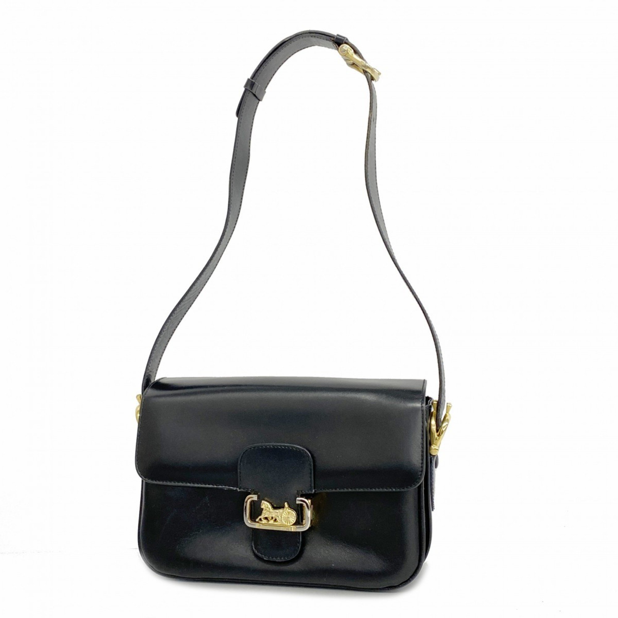 Celine Shoulder Bag, Carriage Hardware, Leather, Black, Women's