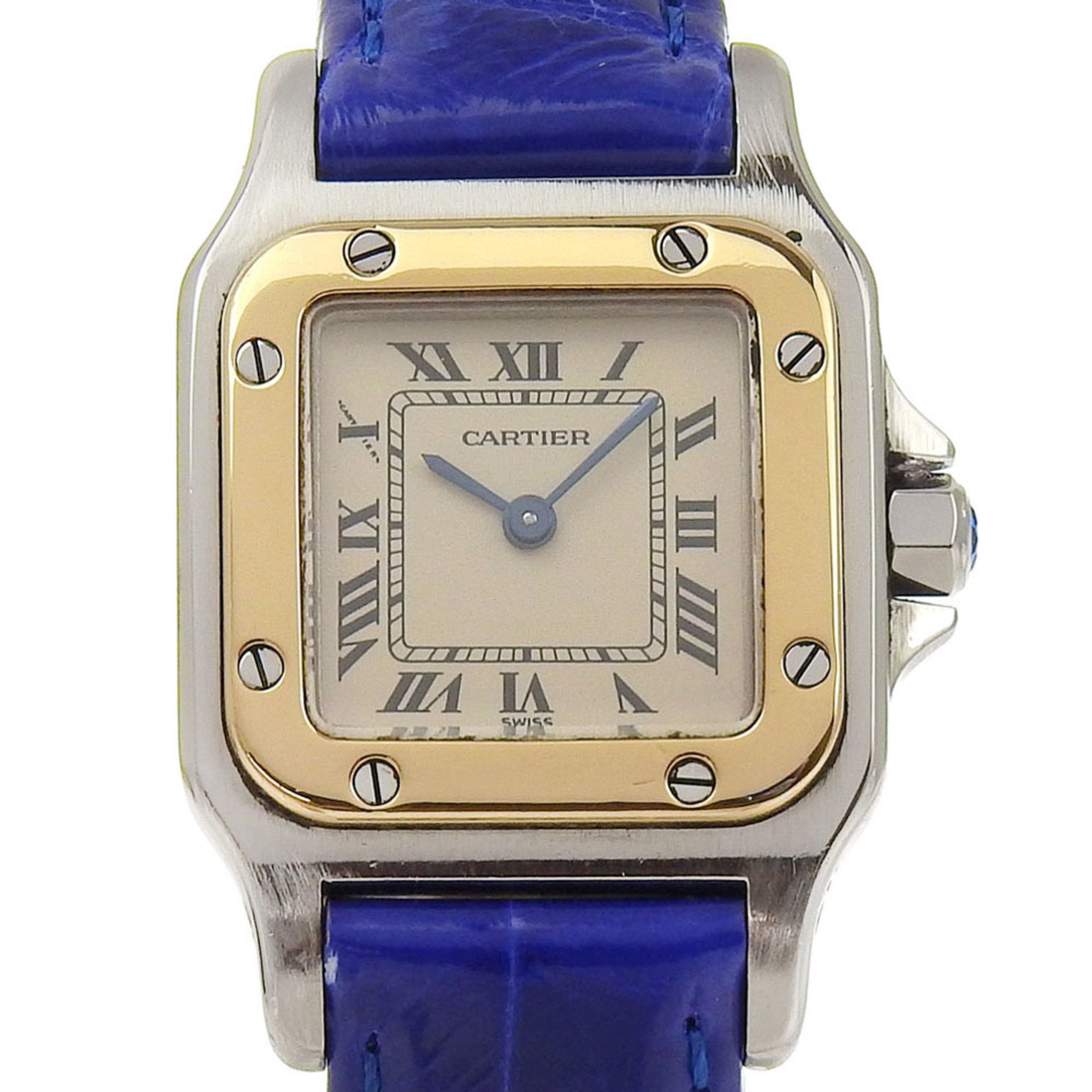 Cartier Santosgalbe Watch Gold & Steel x Embossed Leather Quartz Analog Display Ivory Dial Women's