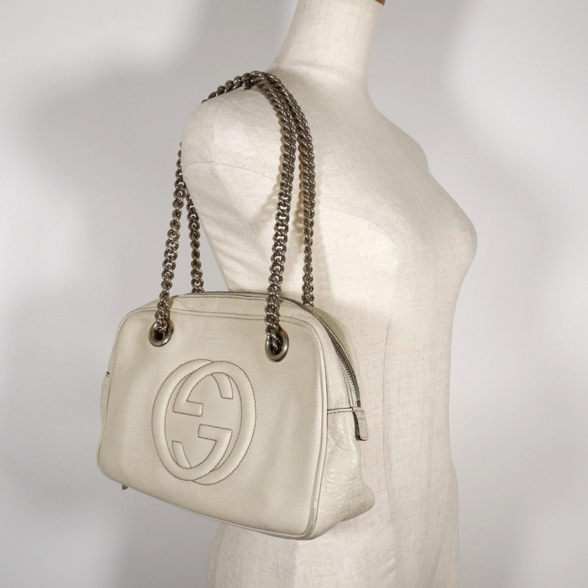 GUCCI Soho Double Chain Shoulder Bag Interlocking G 308983 Leather Off-White Women's