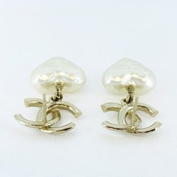 Chanel earrings with Coco mark, heart motif, fake pearl, GP plating, champagne gold, for women