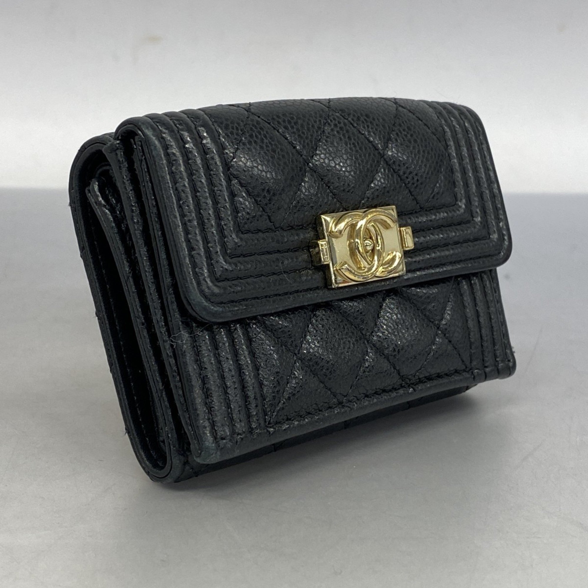 Chanel Tri-fold Wallet Boy Caviar Skin Black Women's