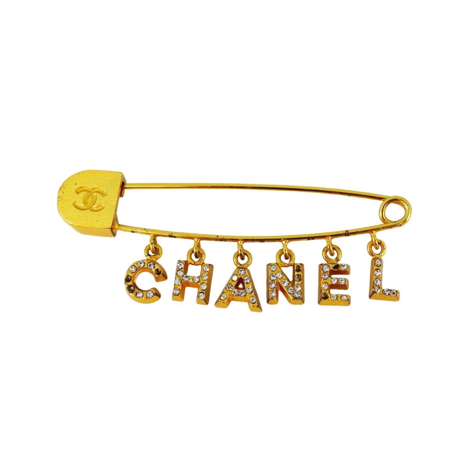 Chanel Pin Brooch Rhinestone GP Plated Gold Ladies