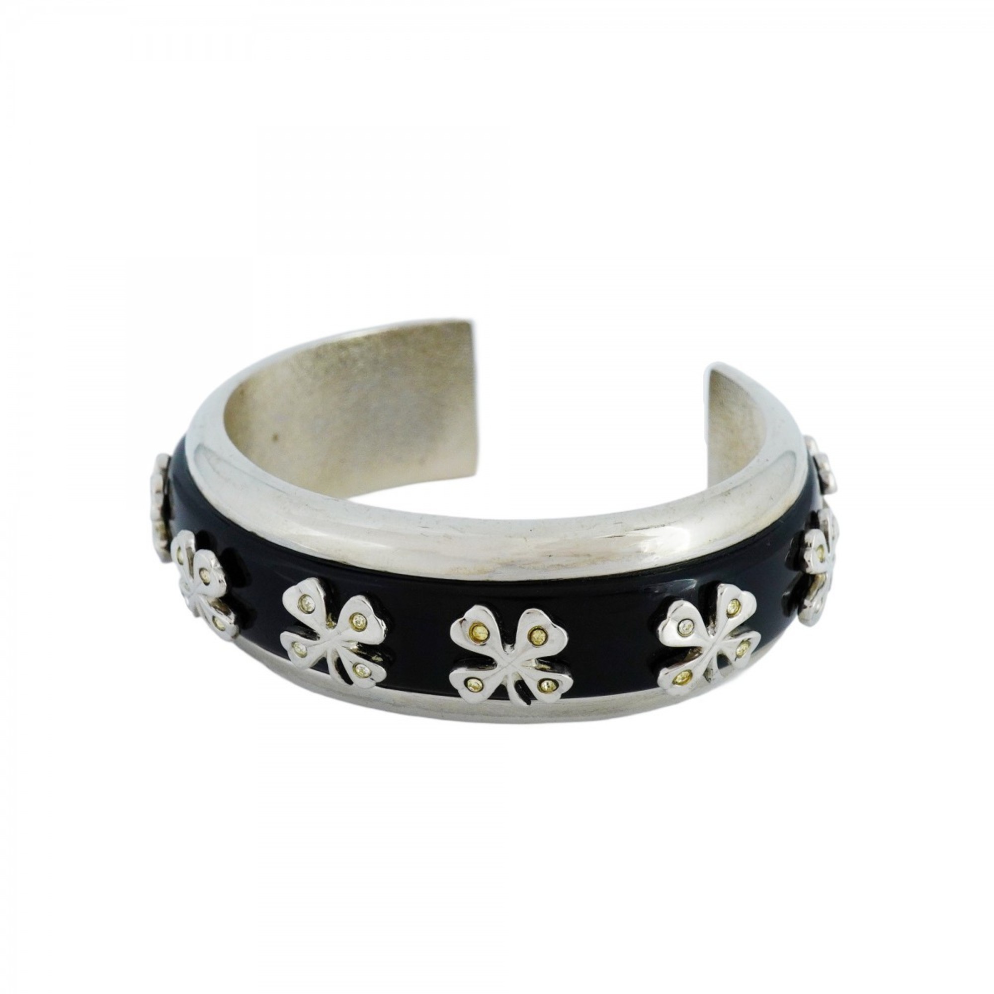 Chanel Bangle Clover Motif Rhinestone Metal Silver Black Women's