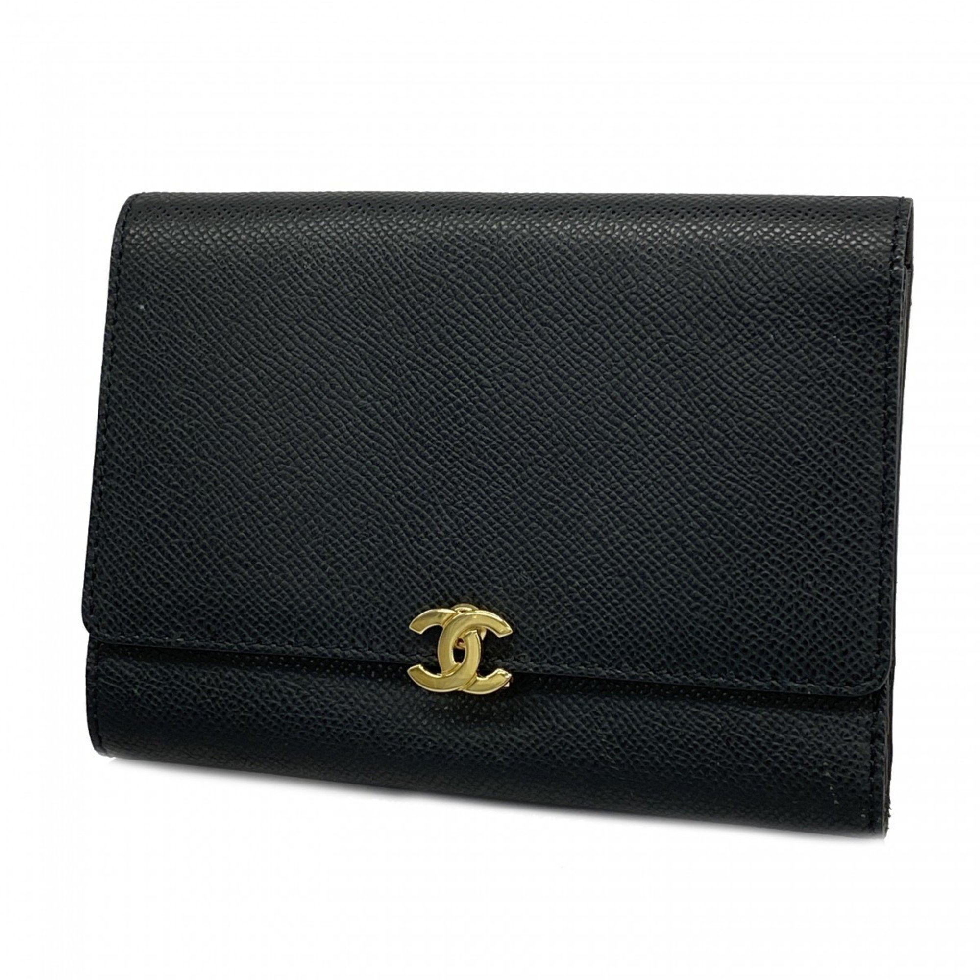 Chanel Tri-fold Wallet Leather Black Women's